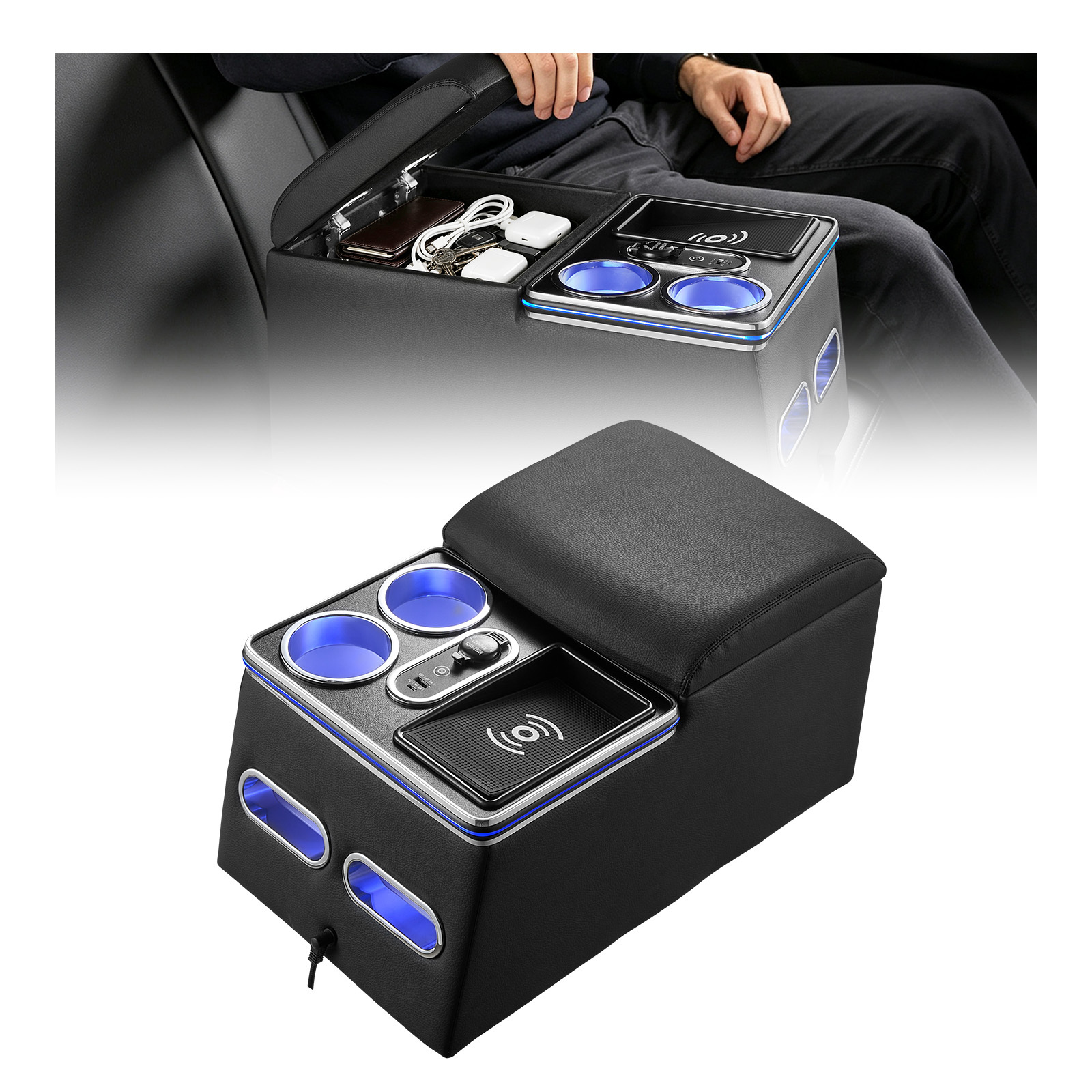 Image of Universal Rear Bench Seat Center Console With 7-color Ambient Lights, Wireless/usb/cigarette Lighter Charging, Back Seat Organizer With Cup & Phone Holders For Mpv, Sedan, Suv