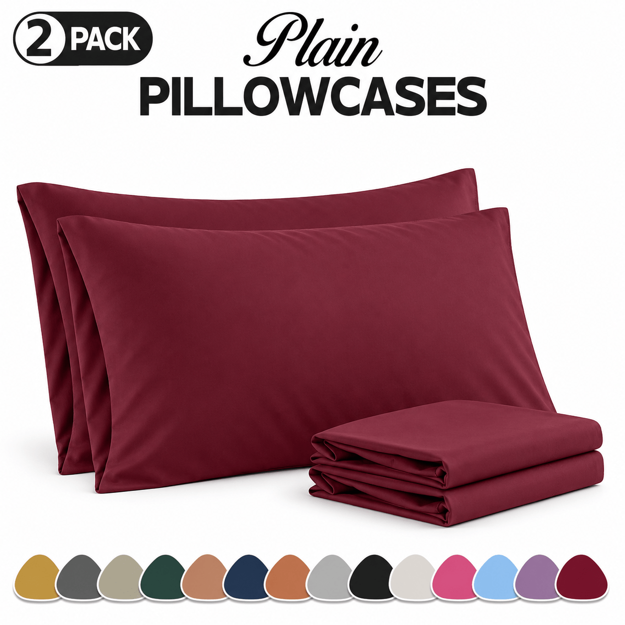 TEMU Pack Of 2 Plain Pillowcases, Ultra Soft Dyed Pillow Covers, Envelope Closure, Durable Brushed Microfiber, Resistant, Machine Washable, Without