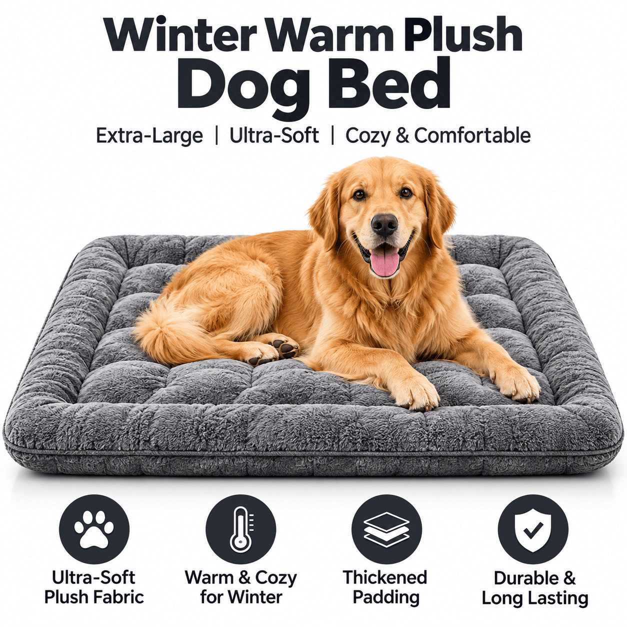 TEMU Extra Large Winter Warm Plush Dog Bed, Thickened Polyester Dog Mattress, Cosy Padded Pet Sleeping Bed For Large Dogs, Autumn & Winter