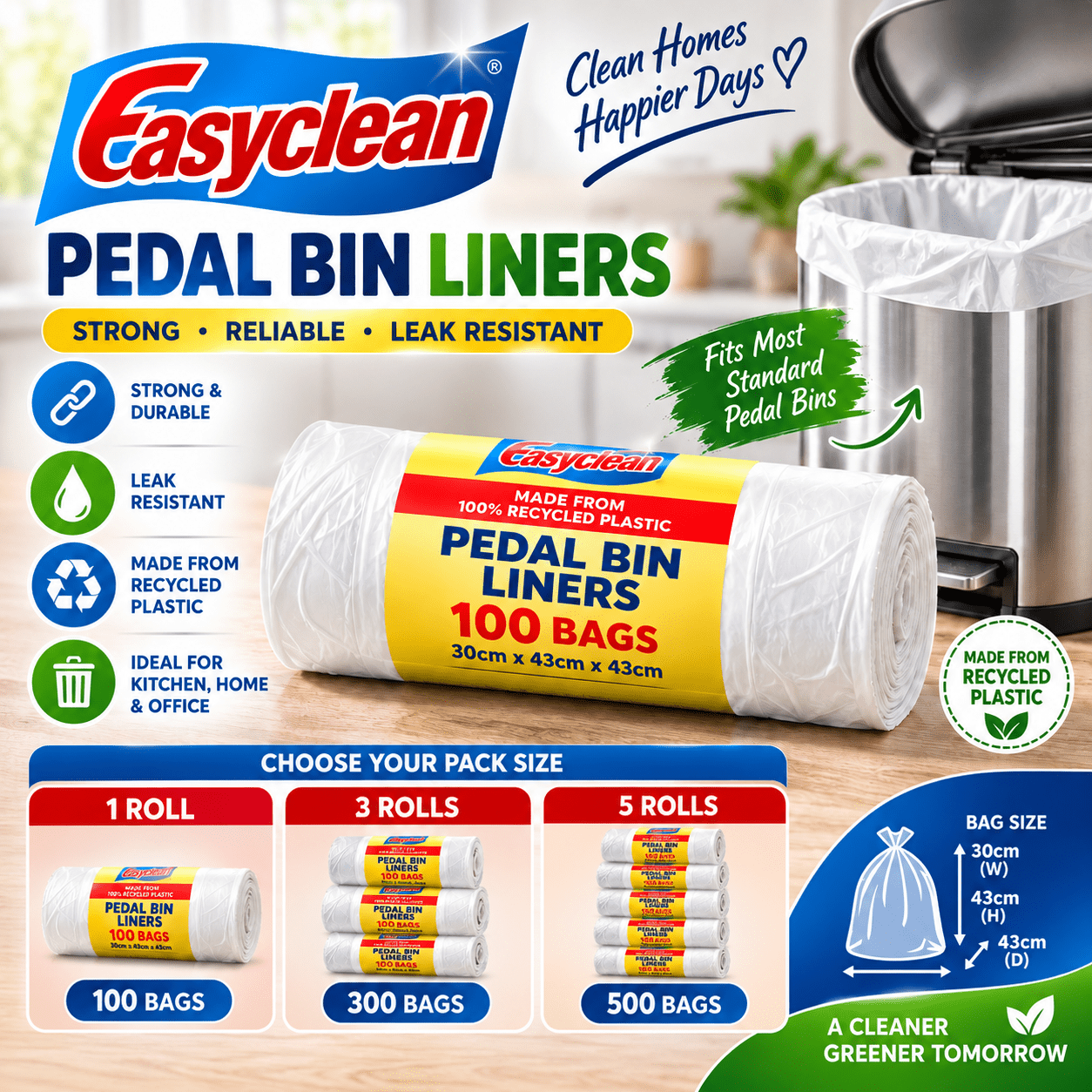 TEMU Roll Of 100 Bag, Pedal Bin Liner Bags | Bathroom, Kitchen, Office Use | In 100 Bags (1 Roll), 300 Bags (3 Rolls), 500 Bags (5 Rolls) |