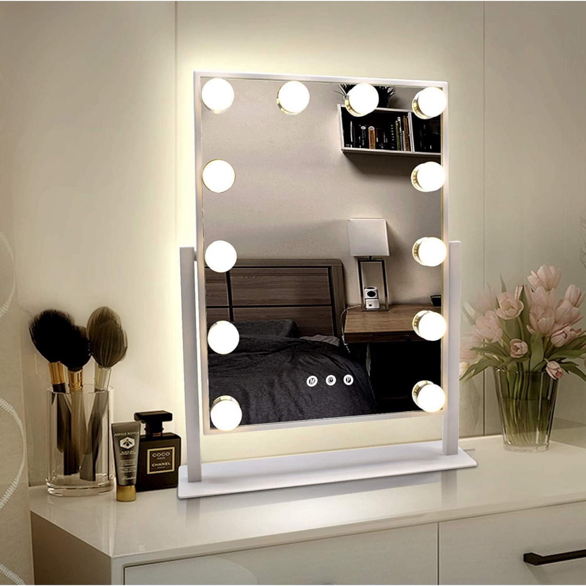 TEMU Espejo de Maquillaje con Iluminación LED: Tocador con 12 Bombillas, 3 de Luz, Control Táctil, Espejo de Maquillaje con Aumento y Luz para