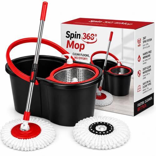 item picture 360 spin mop bucket cleaning system with stainless steel wringer hands spin dry floor mop with microfibre head 2 replacement mop heads for tile laminate vinyl wood floors