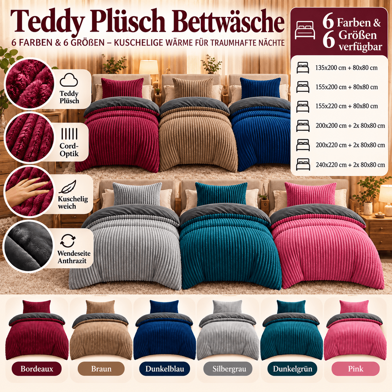 Image of Bedding Teddy Fleece Cord Winter Grey Dark Blue Green Reversible With Zipper Warm And Cuddly