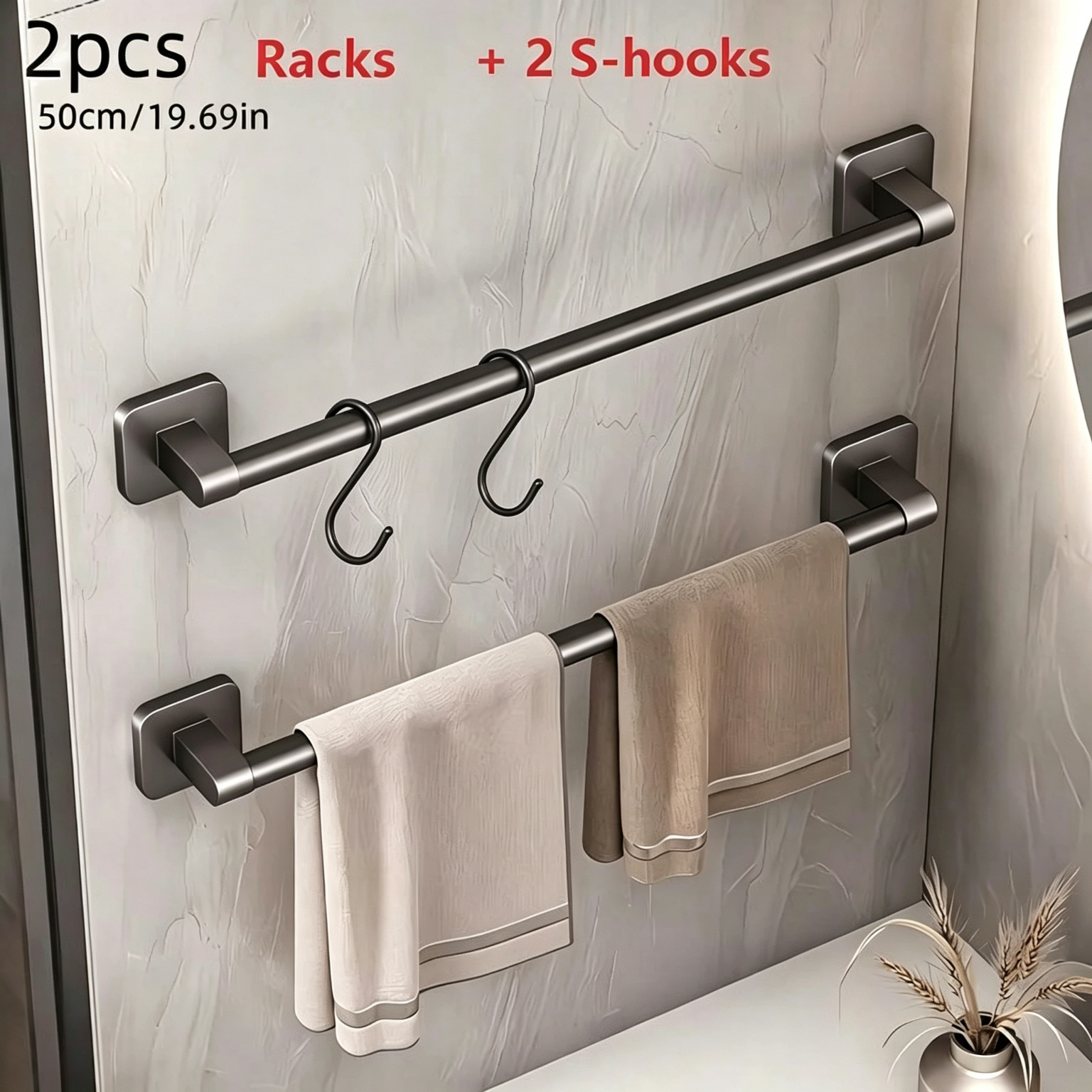 TEMU 4pcs（2 Modern Bathroom Towel Rack + 2 S‑hooks）, No-drill Wall-mounted Storage Shelf, Black Single Bar Towel Holder, Strong Load Capacity For
