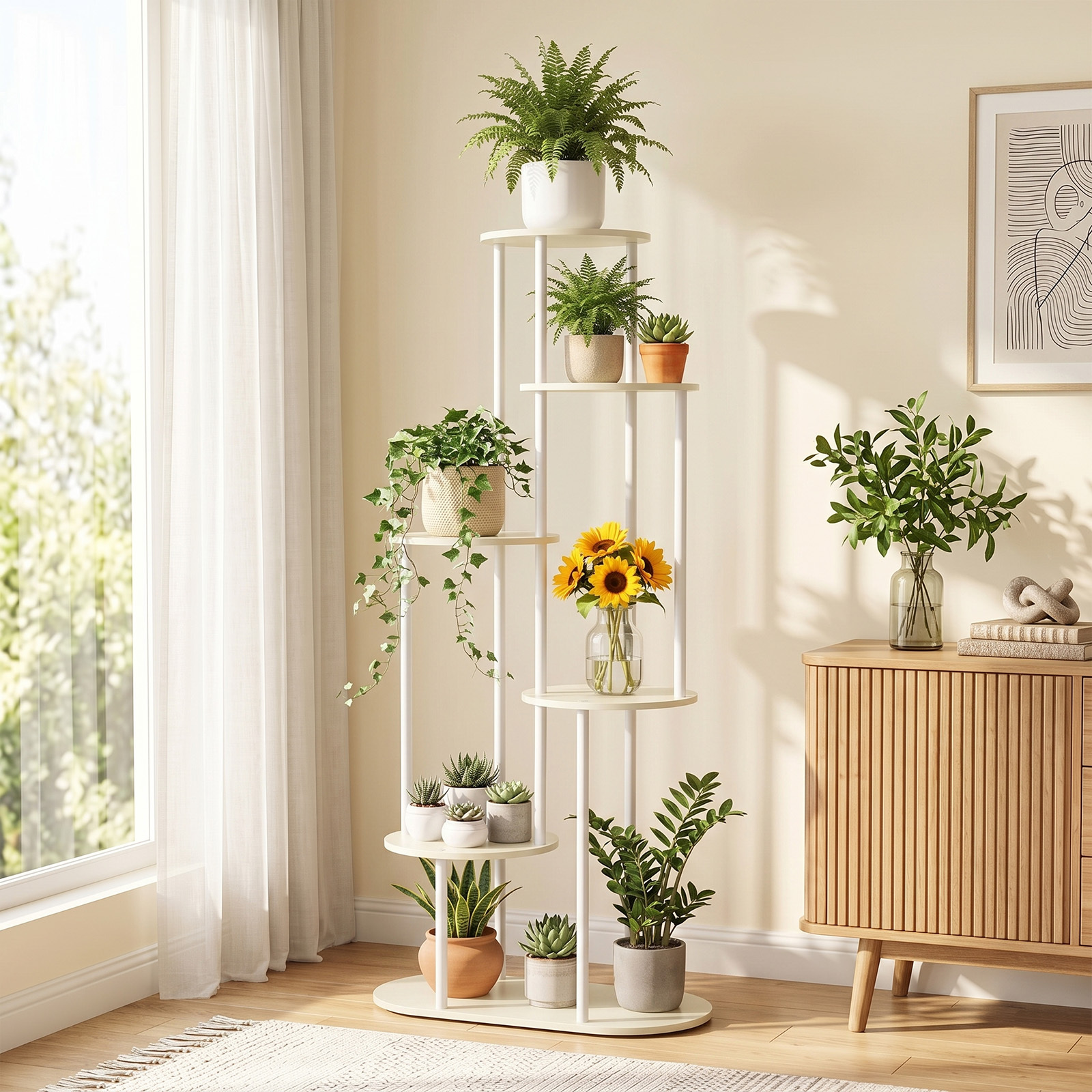 Image of Modern 6-tier Wooden Flower Stand – Plant Stand, Wooden Shelf, Flower And Plant Ladder For Home & Garden (metal Frame For Indoor / Display Stand For Outdoor)