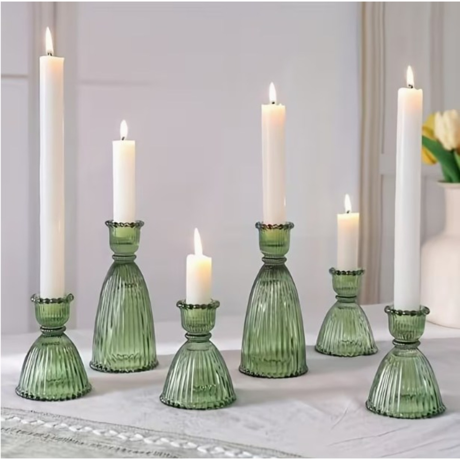 Image of 6 Green Glass Candle Holders, Styles - High Cone-shaped Candle Holders In Vintage Design, Large Candle Holders For Party Decoration, Green Holders For Cone-shaped Candles.