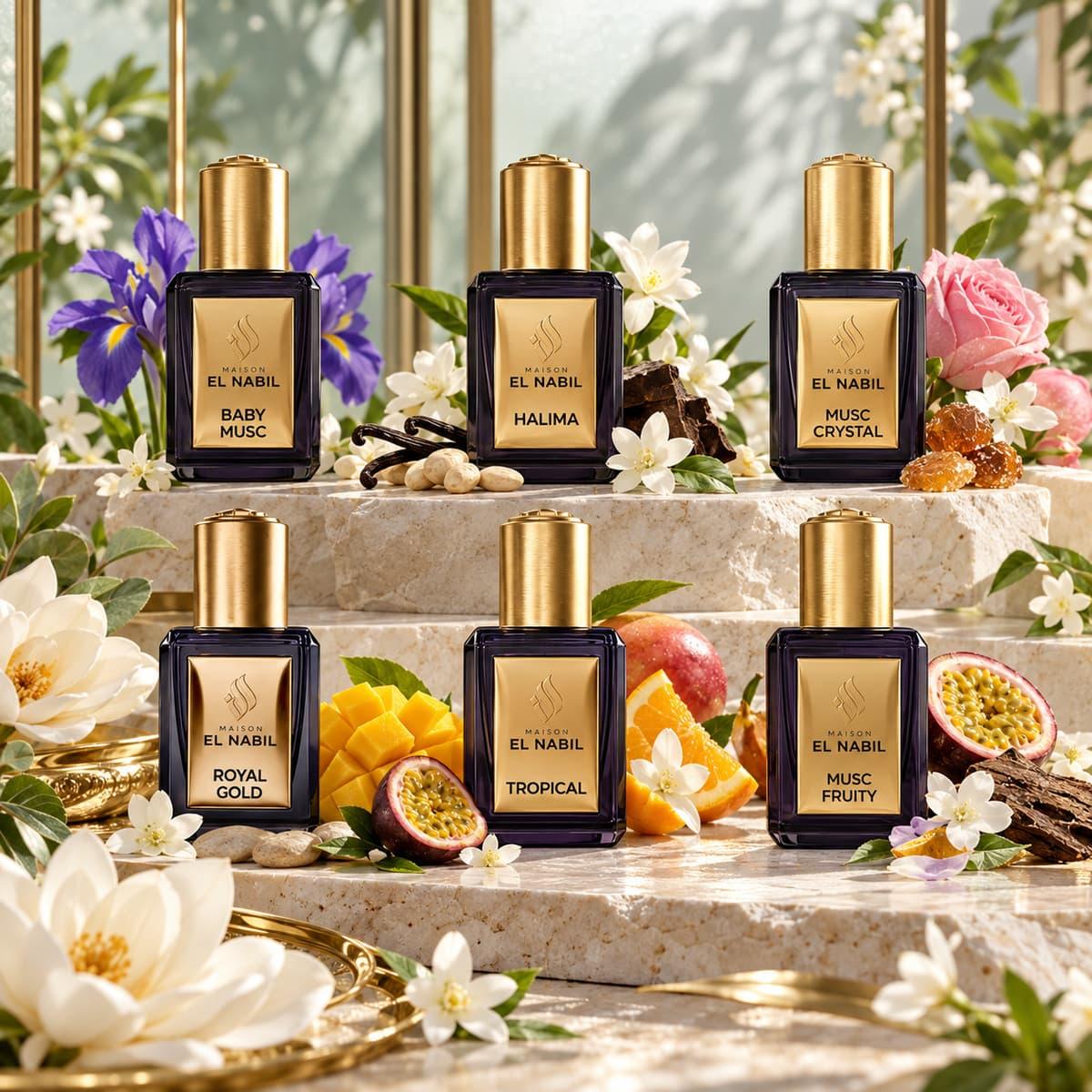 TEMU Lot de 6 Parfums 5ml –Royal Gold 5ml,Musc Crystal 5ml, Fruity Tropical 5ml, 5ml,Baby 5ml Huile Parfumée Concentré- de Parfum