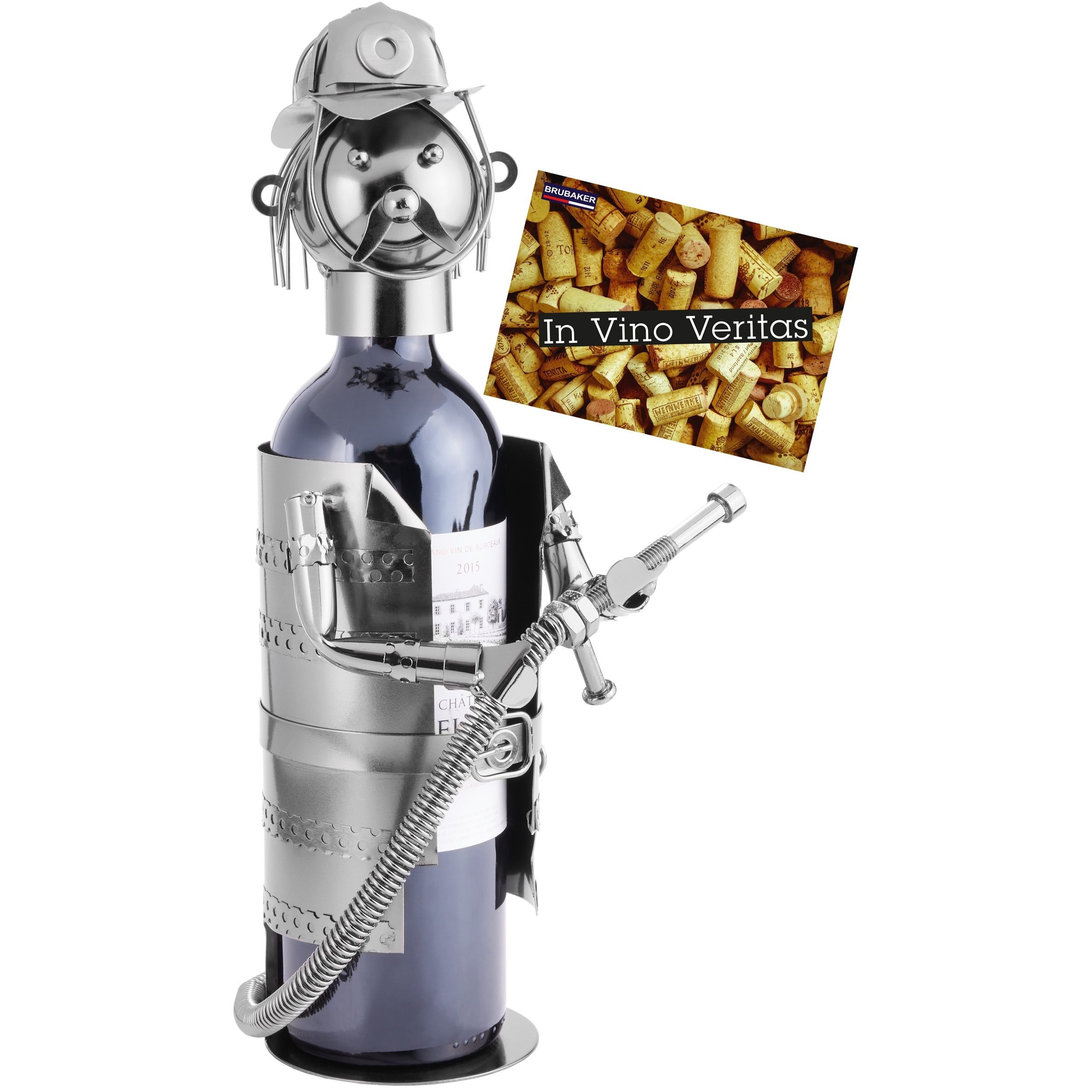 Image of Brubaker Firefighter Bottle Holder - Metal Sculpture With Gift Card - Wine Bottle Holder Iron Figure Firefighter - Decoration