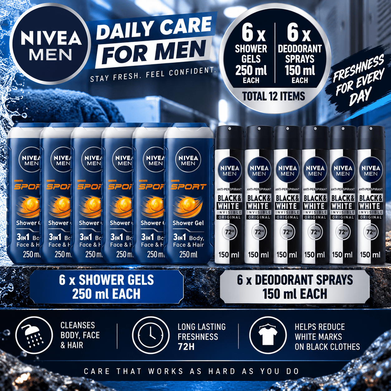 TEMU 12 Pack Nivea Men Bundle – 6 250ml Shower Gels + 6 X Black & White 150ml Deodorant Sprays
