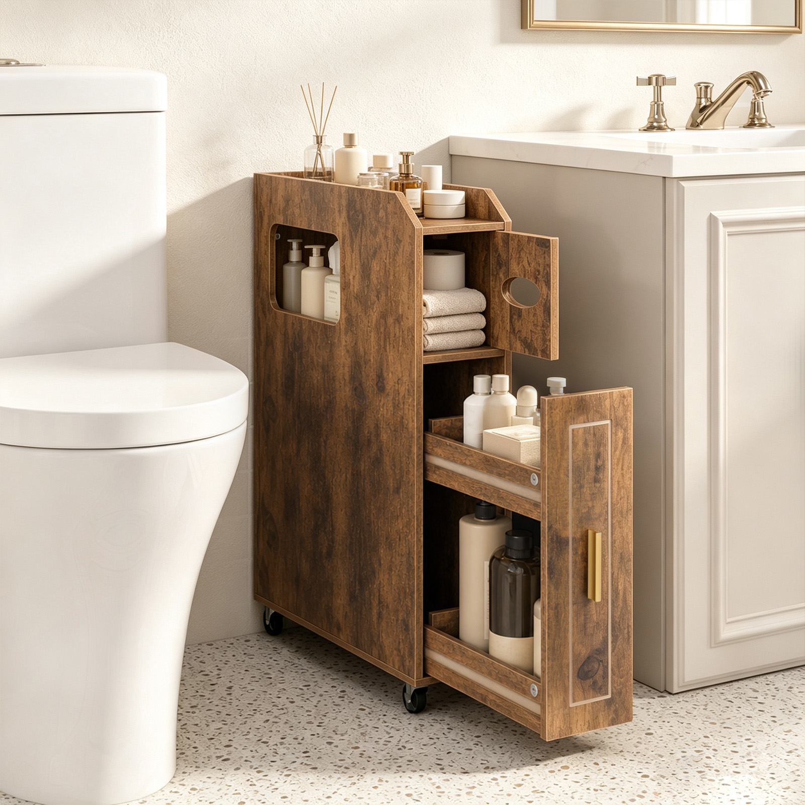 Image of Small Bathroom Storage Cabinet, 16 Cm Narrow Slim Bathroom Organizer With Slide Out Drawer, Tissue Box, Toilet Brush Holder And Lockable Castors For Small Spaces, Coffee