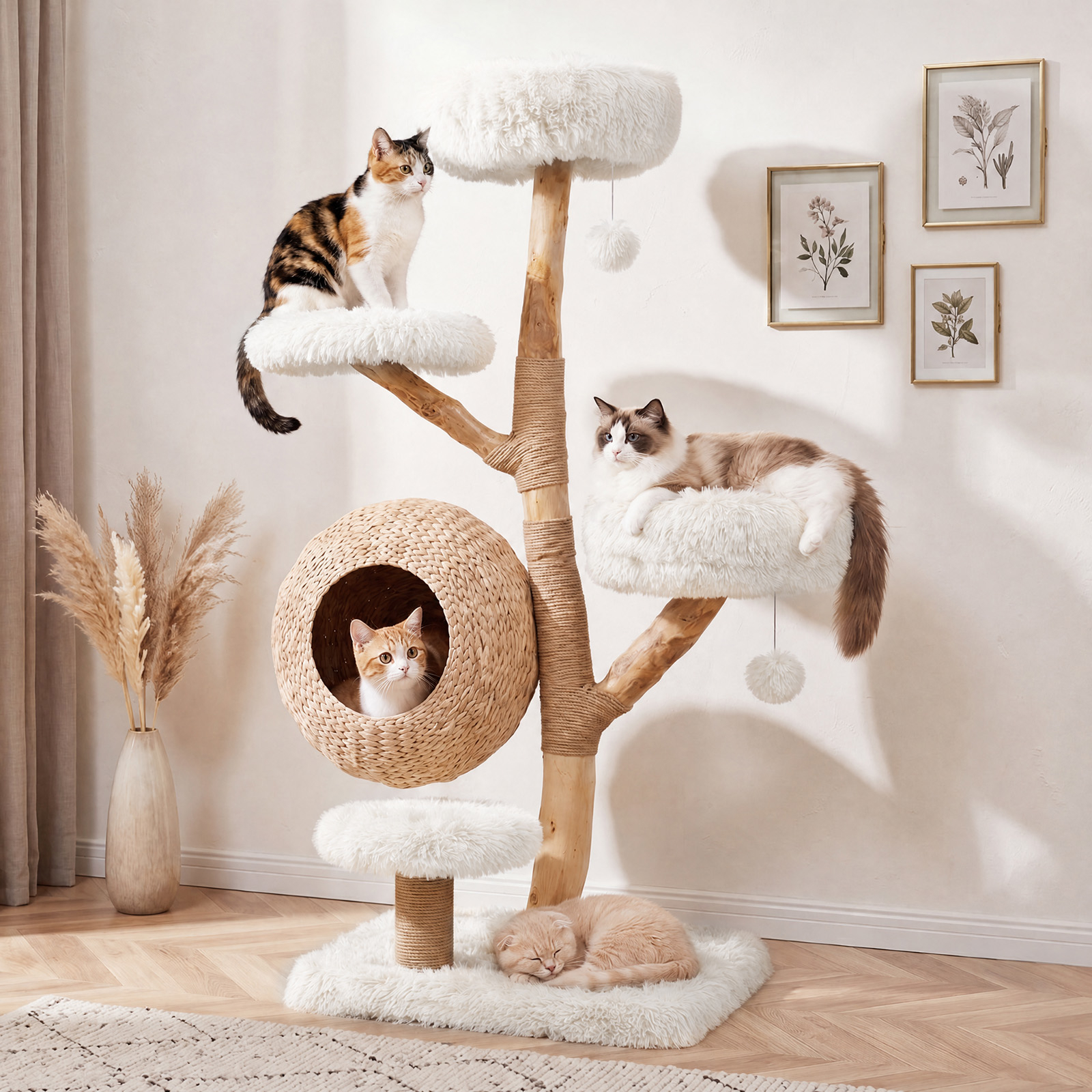 Image of 5-tier Cat Tree, 137cm Wooden Cat Tower With Woven Cat Condo, Plush Perches, Natural Jute Scratching Posts & Hanging Balls, Multi-level Platforms, Modern Cat Tree For Indoor Kittens