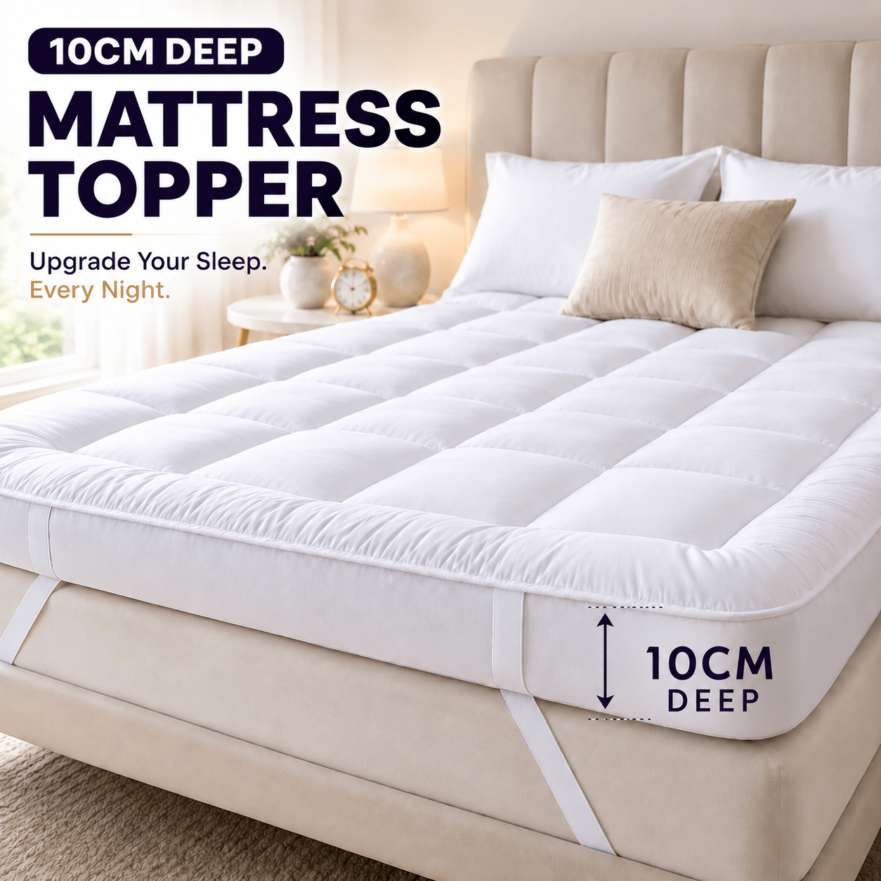 item picture 10cm deep luxury mattress topper   supportive quilted bed topper with breathable soft filling secure elastic straps deep  