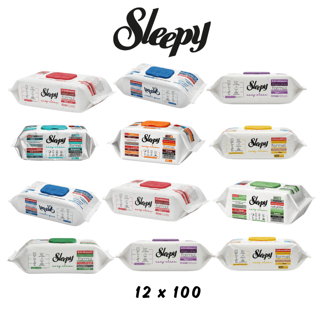 Image of Sleepy Easy Clean Wet Cleaning Wipes Set 12 X 100 Pieces - Red, Blue, Yellow, Lila, Pin & Mountain Breeze - For Kitchen, Bathroom And All Surfaces