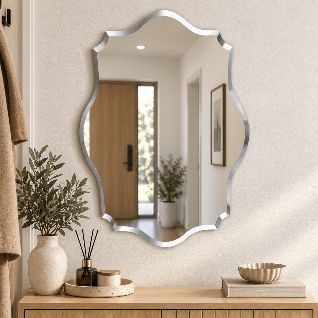 Image of Irregular Frameless Wall Mirror - 50 X 70cm Silver Beveled Glass Mirror, Horizontal Or Vertical Decorative Vanity Mirror For Bathroom, Living Room And Entryway