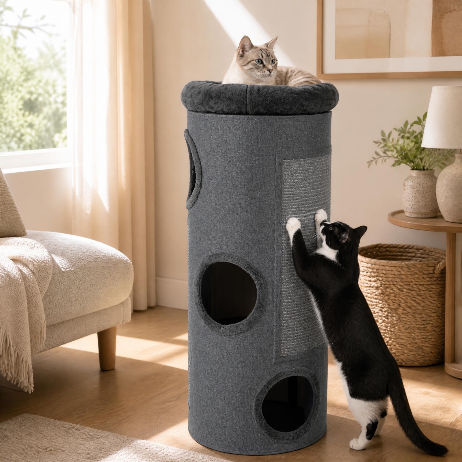 Image of 4-story Cat House For Multiple Cats, Elevated Cat Cave Bed With Removable Perch Bed, Sisal Scratching Board, Bamboo Mat, -shaped Kitten Condo Furniture, Indoor Cat Tree Tower