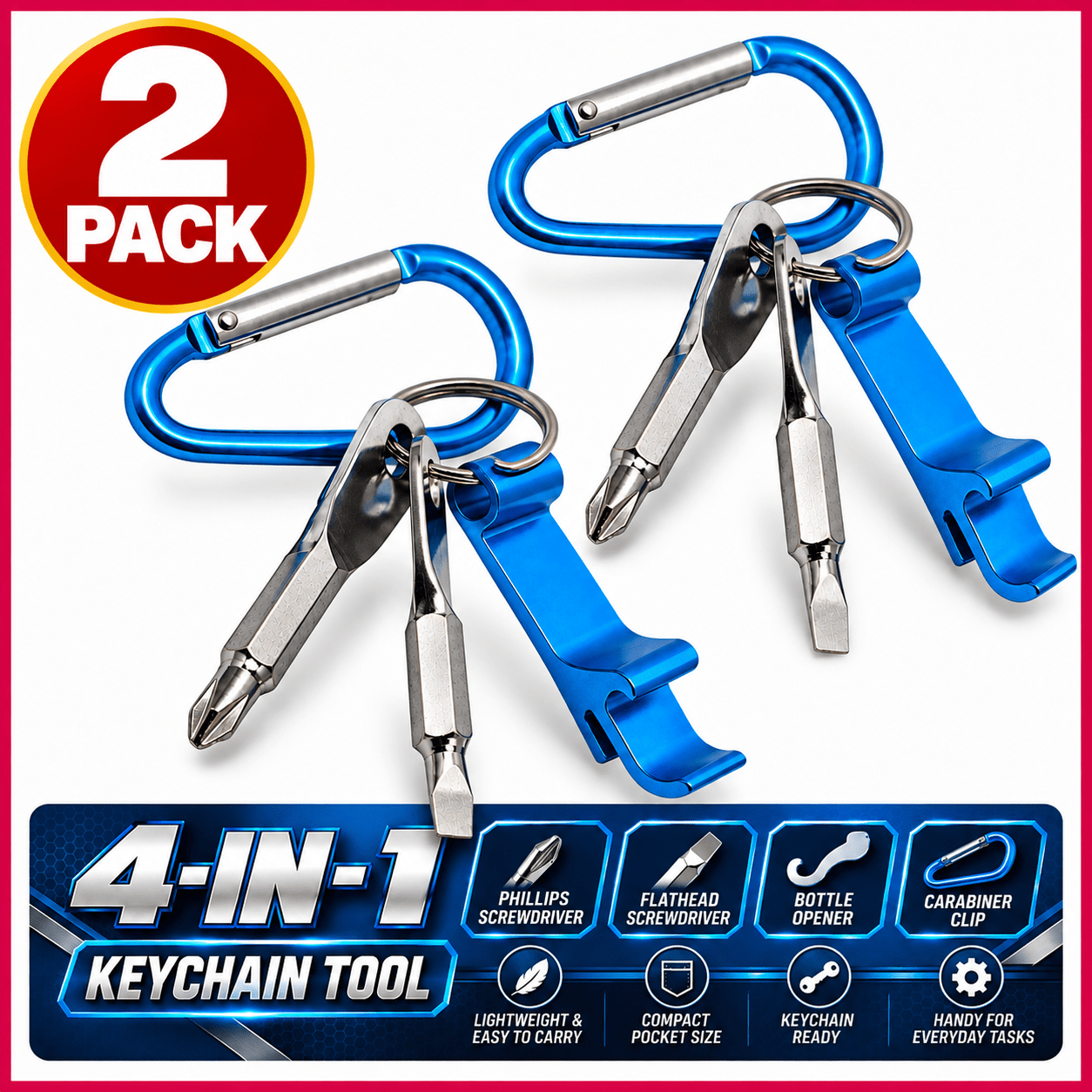 TEMU 2 Pack 4-in-1 Keychain Multi Tool With Bottle Opener | Compact Keychain Tool With Phillips & Flathead Screwdrivers And Carabiner Clip | Pocket