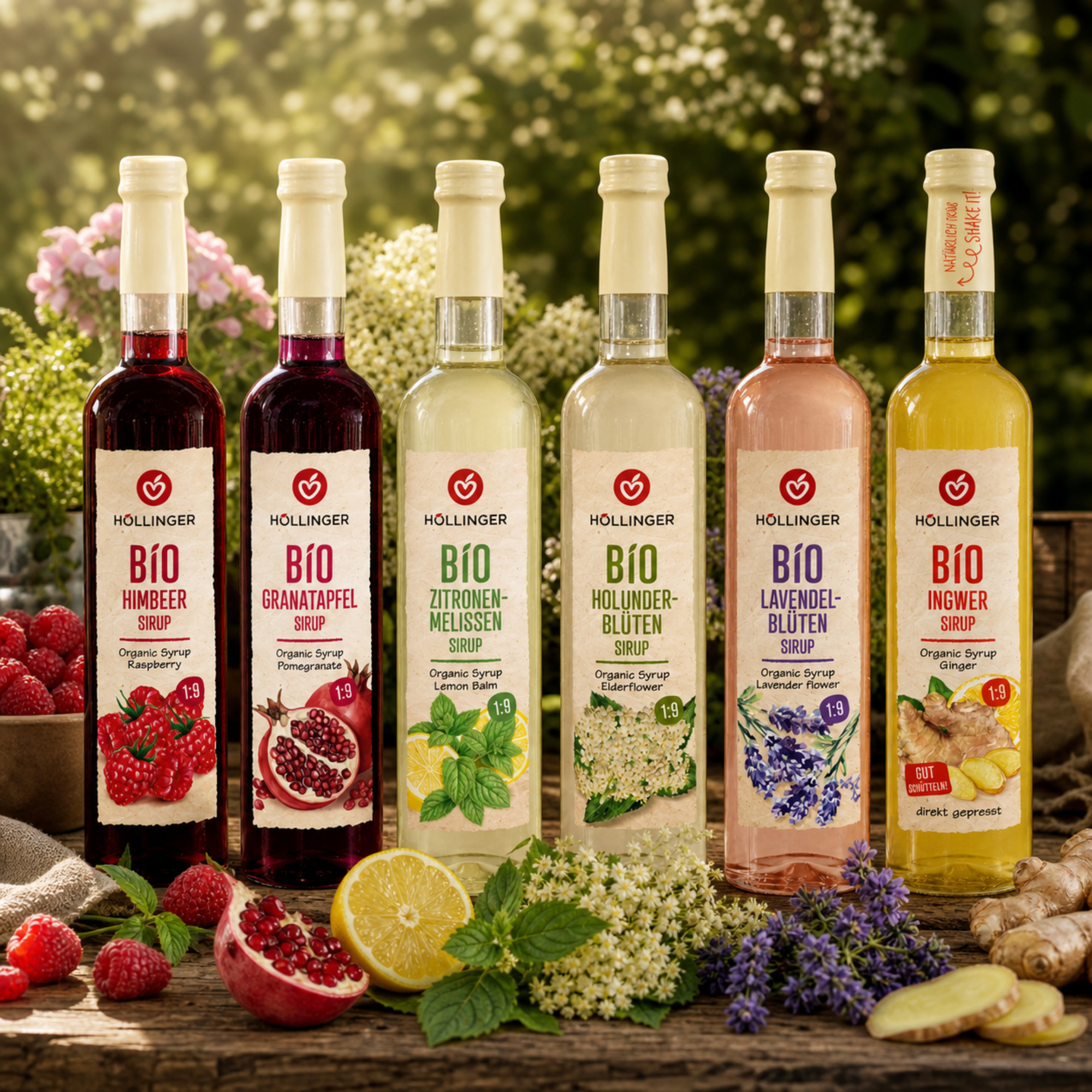 Image of Höllinger Fruit & Syrup Mix – 6 Varieties Of Beverage Syrup | Raspberry, Pomegranate, Ginger, Elderberry, Lavender & Lemon Balm | Vegan