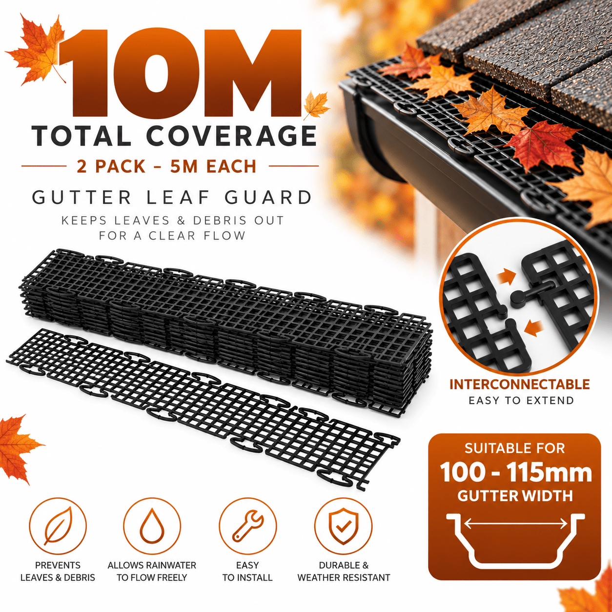 TEMU Parkland® Gutter Guard – Mesh Roof Guttering Cover To Prevent Blockage From Leaf & - Suitable For 100-115mm Gutter Width