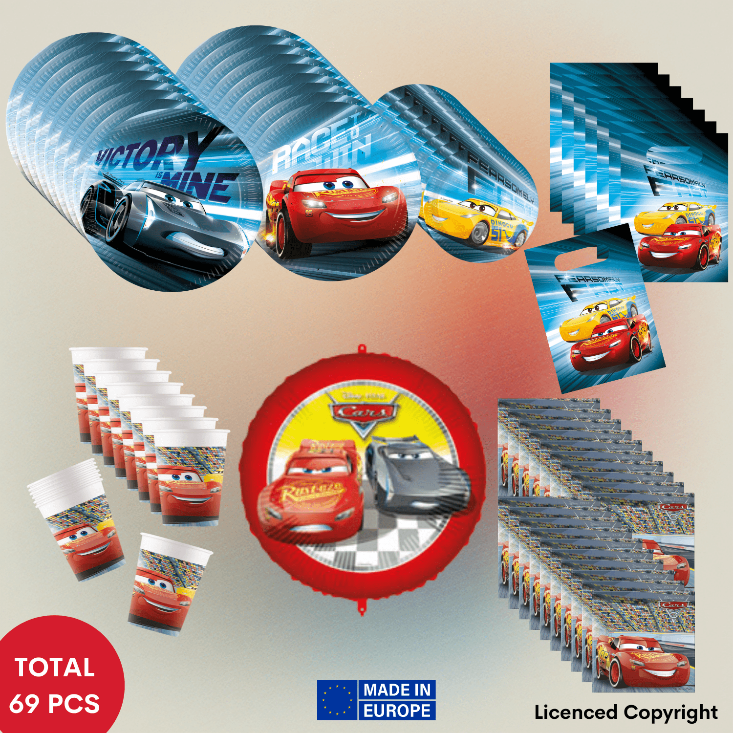TEMU 69pcs. Cars 3party Set For Kids' Birthday, Car Motto & Boys' Party - Complete Set With 16 Paper Plates Ø 23 Cm, 8 Small Plates Ø 20 Cm, 16 Paper