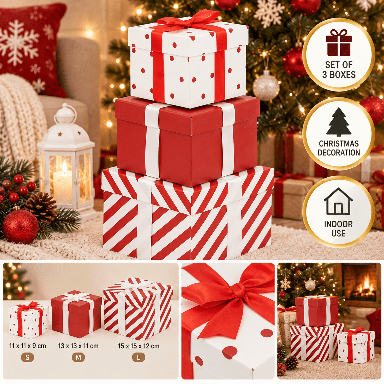 TEMU Lot de 3 boîtes cadeau carrées décoratives rouge et blanc avec – 3 tailles assorties – Décoration de Noël intérieure en carton