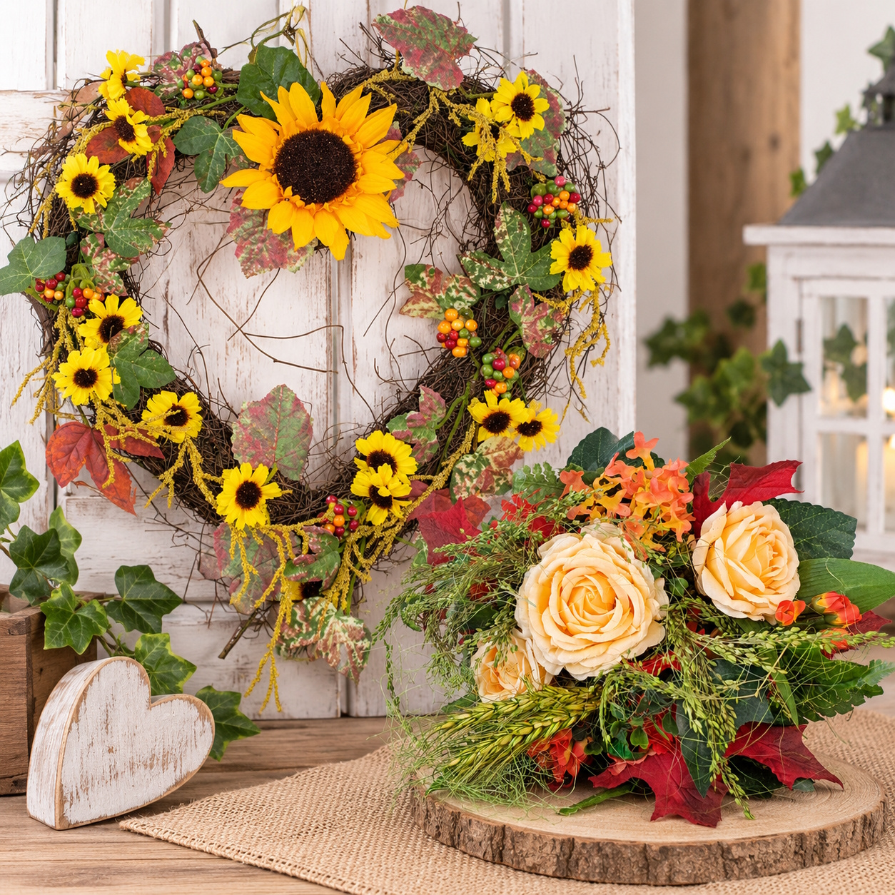 Image of An Autumnal Duo - Ostrich With Artificial Flowers And Heart With Artificial Sunflowers