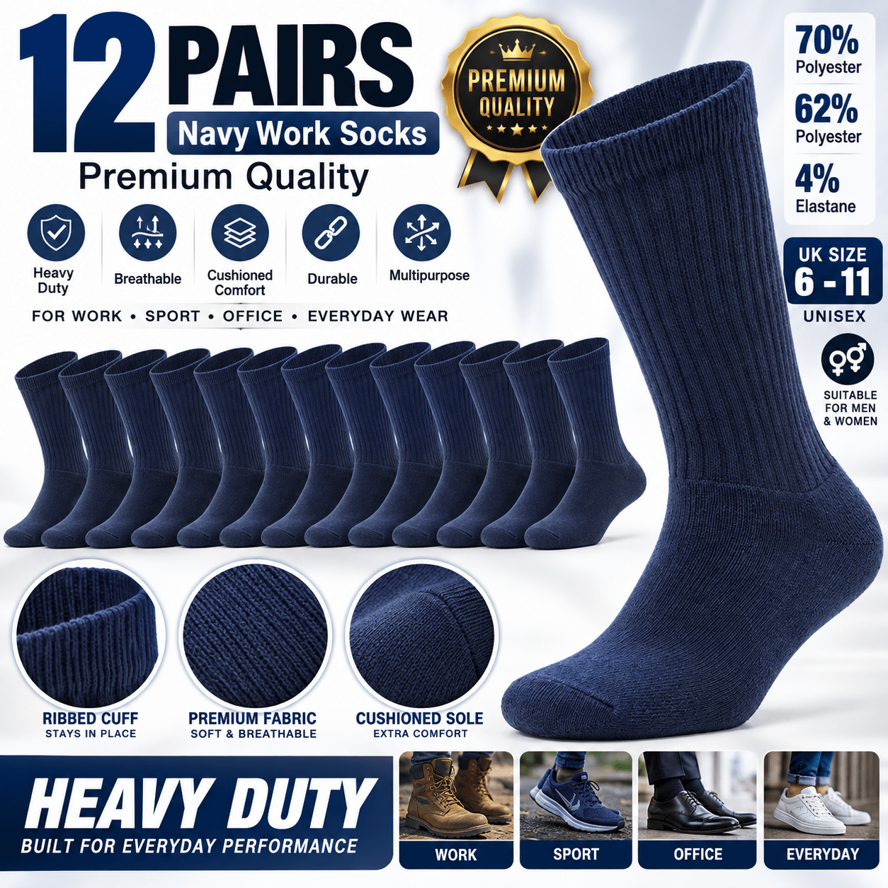 TEMU 12 Pairs Navy Work Socks Unisex Uk 6-11 – Heavy Duty Cushioned Crew Socks, Premium Breathable Multipurpose Socks For Work, Office, Sport &