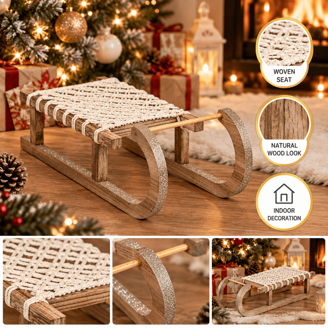 TEMU Luge décorative de Noël en bois avec corde – 40 cm – Décoration intérieure style hiver scandinave beige