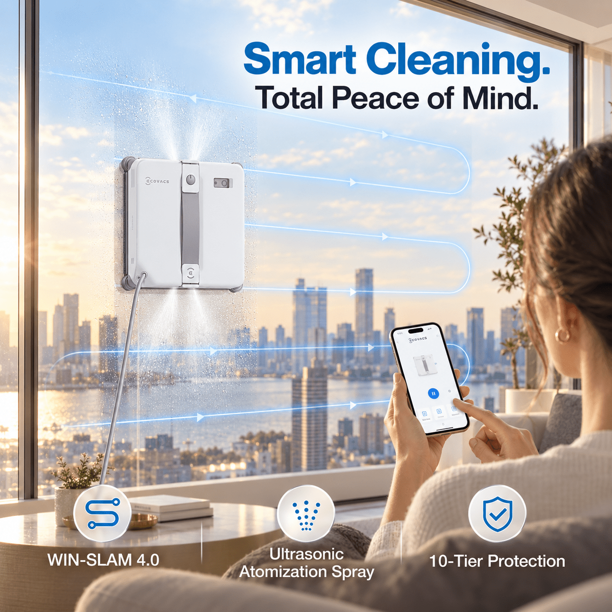 Image of Mini 2 Window Cleaning Robot With Corner Brushes & Ultrasonic Atomization, & Light For Narrow Windows, Smart Navigation, 6 App , 10-stage Safety System