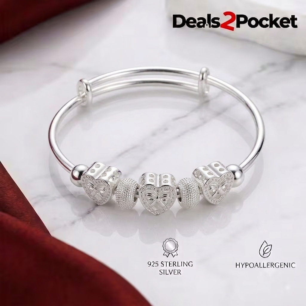 TEMU 925 Sterling Silver Adjustable Beaded Bangle – Elegant Charm Bracelet For Women