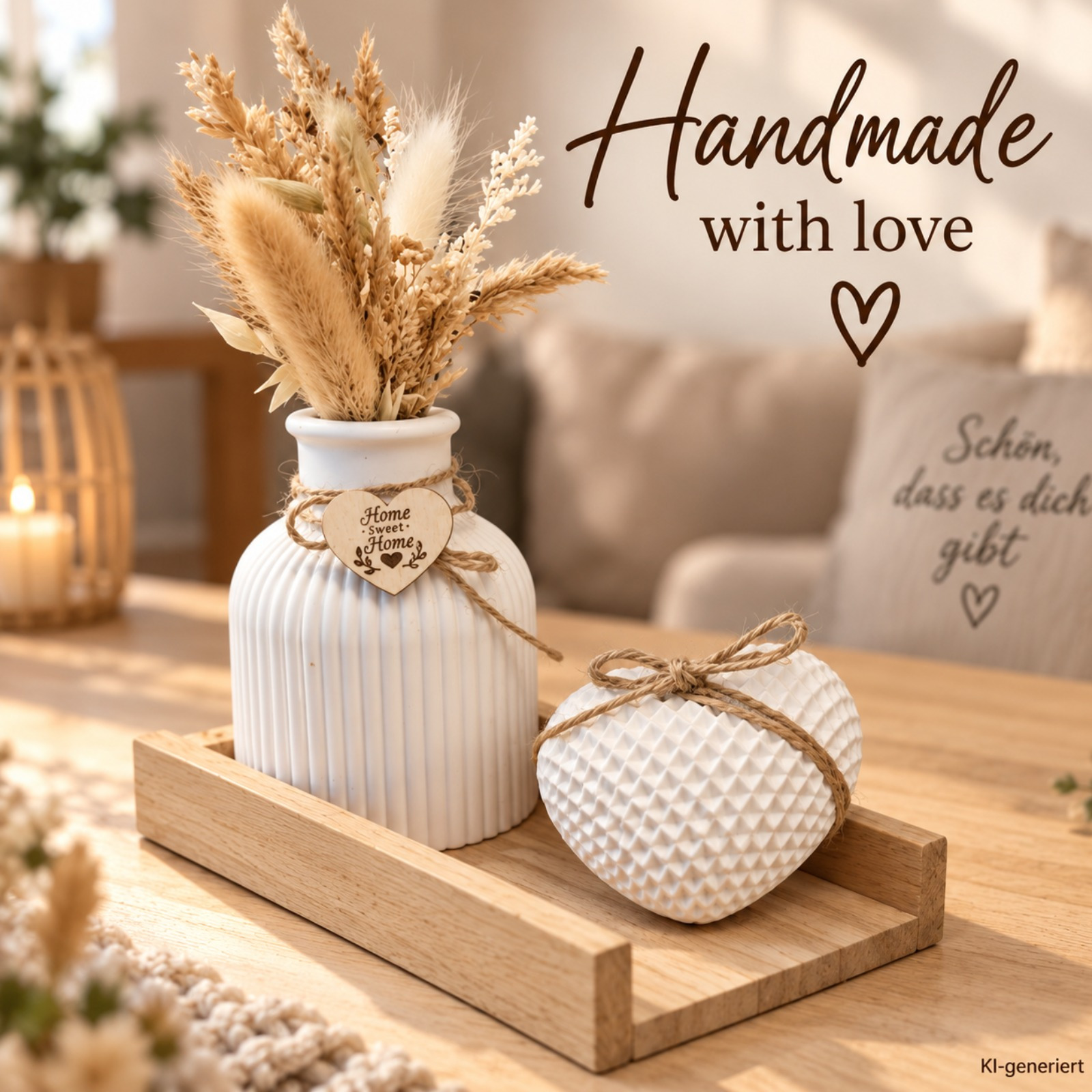 Image of Handmade Decorative Set With Vase, Dried Flowers & Heart - Wooden Tray With Selectable - Loving Gift Idea & Home Decor, Gift Set