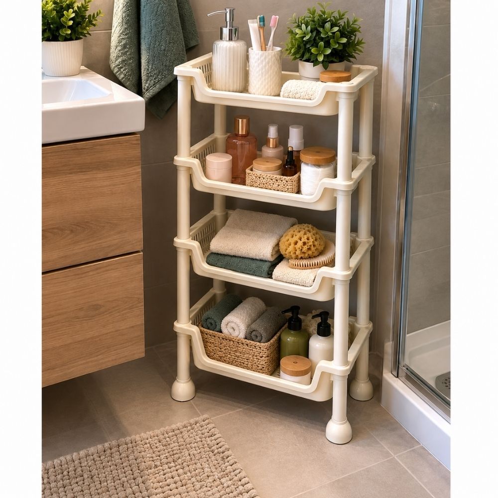 Image of Cecaro Group 4-tier Plastic Shelf With Door - Space-saving Organizer For Bathroom, Kitchen, Bedroom, Nursery, And Office - Easy Assembly - In Cream, Mint Green, Or Light Pink