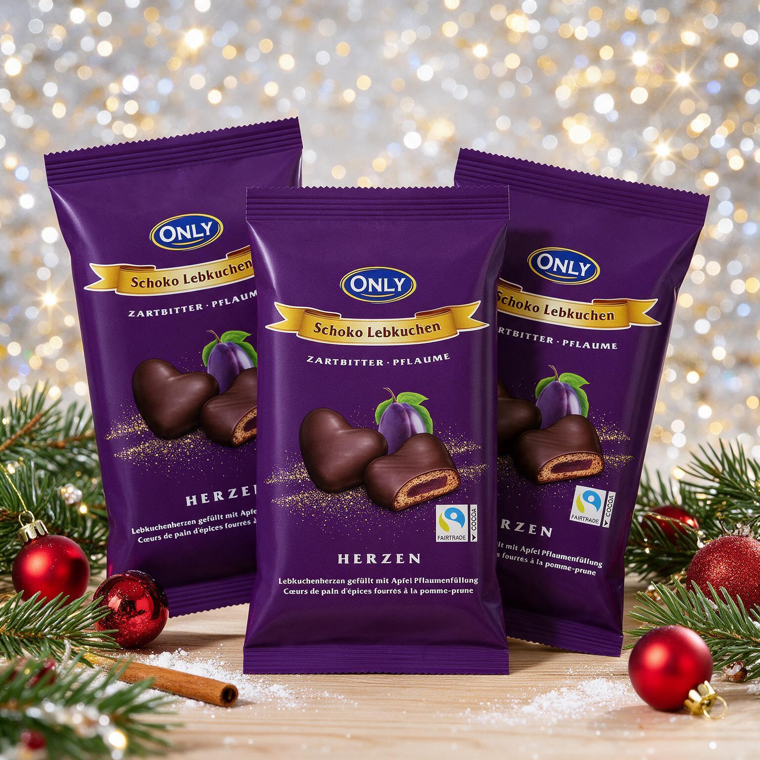 Image of 3rd Pack Of Soft-bitter Chocolate Lebkuchen Hearts With -plum Filling 3x 150g - Christmas Sweets - Christmas Chocolate - Christmas Gifts - Christmas Snacks