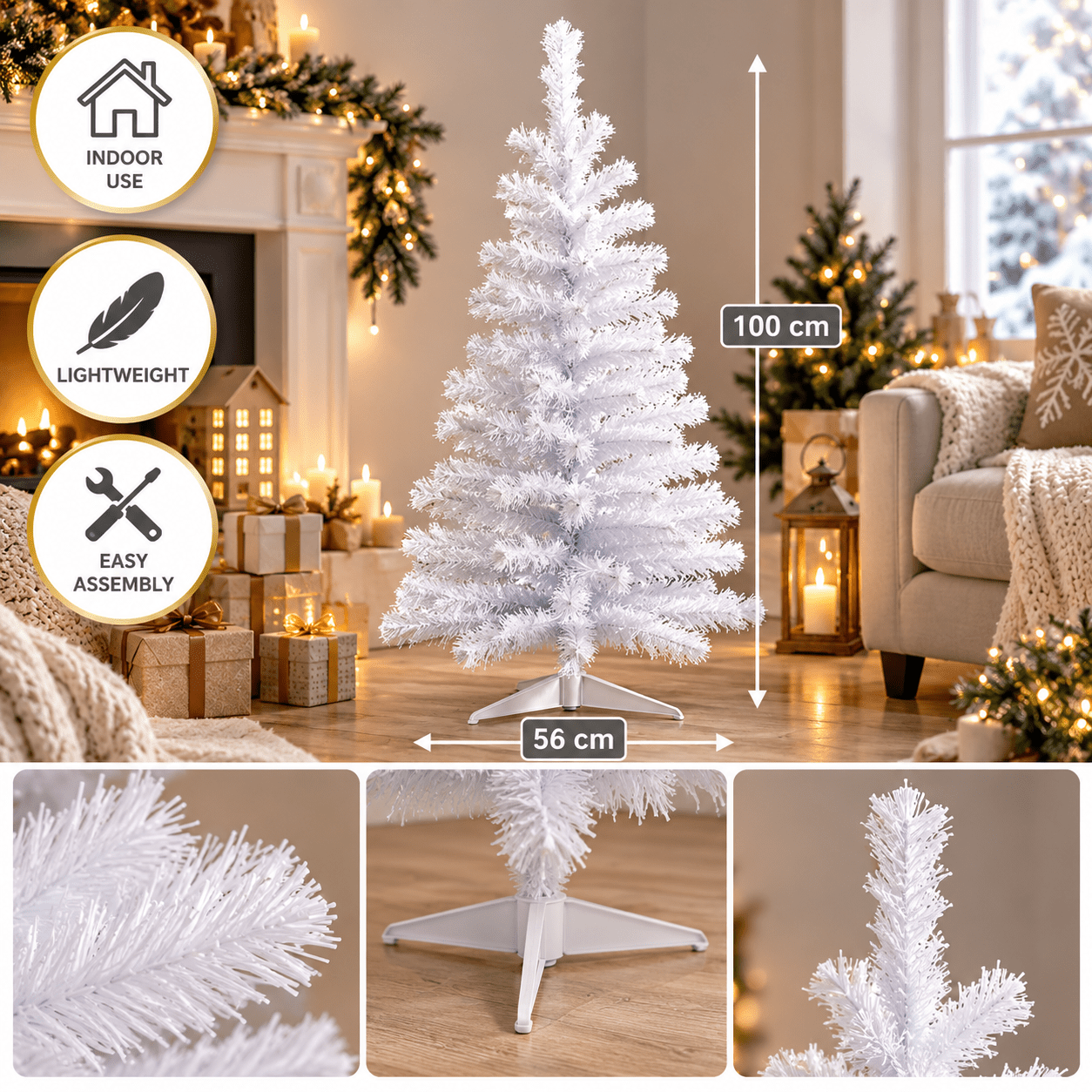 TEMU Sapin de Noël artificiel blanc 100 cm – 109 brins – Pied stable – Décoration de Noël intérieure à monter