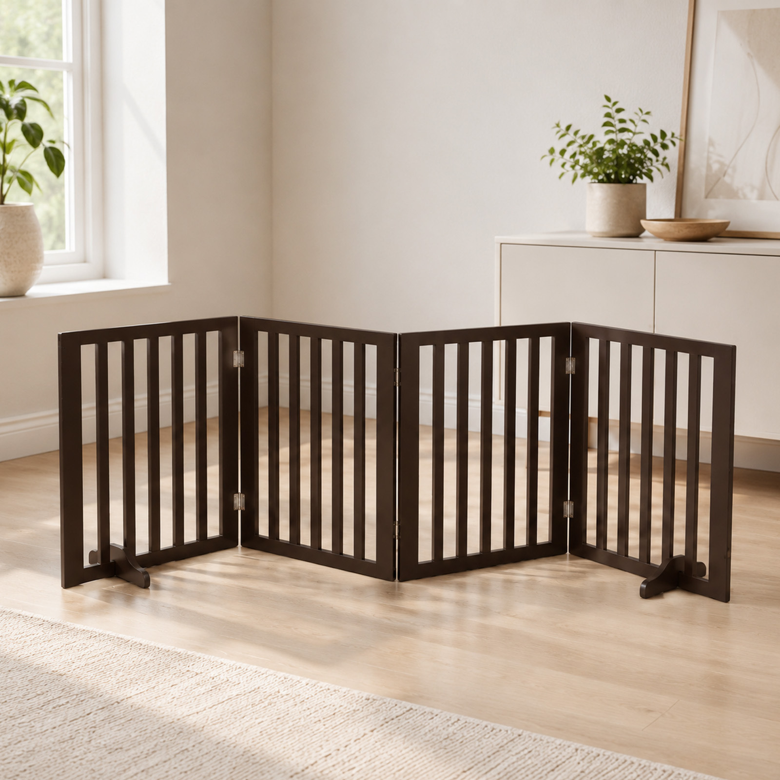 Image of Freestanding 4-piece Dog Gate, Foldable Stair Gate Without Drilling With Feet, 60cm Wooden Barrier Gate For Doors, Hallway, Fireplace & Living Area