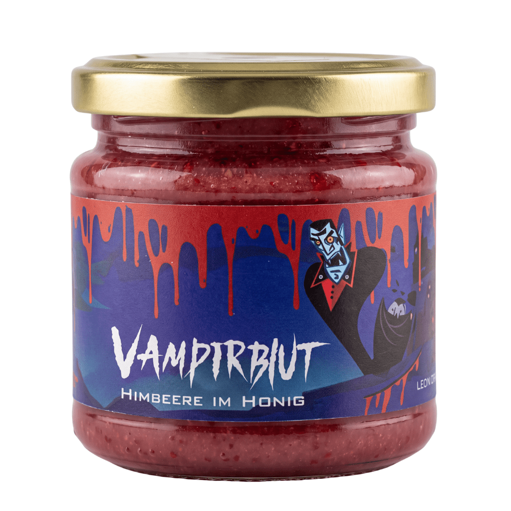 Image of Halloween Honey Vampire Blood 250g - Spooky-fruity Honey Specialty With Real Raspberries - Handmade In Family Beekeeping From Nrw - For Horror Buffet, Iced Tea, S & Breakfast Grega´s Beekeeping