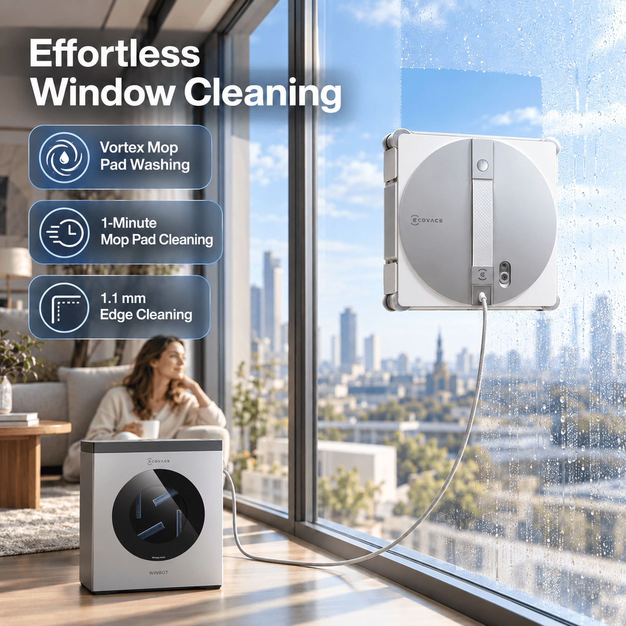 Image of W3 Omni Window Cleaning Robot With Station, Automatic Cleaning Of Wiping Pads, Cleaning, Spraying With 3 Nozzles, App Control