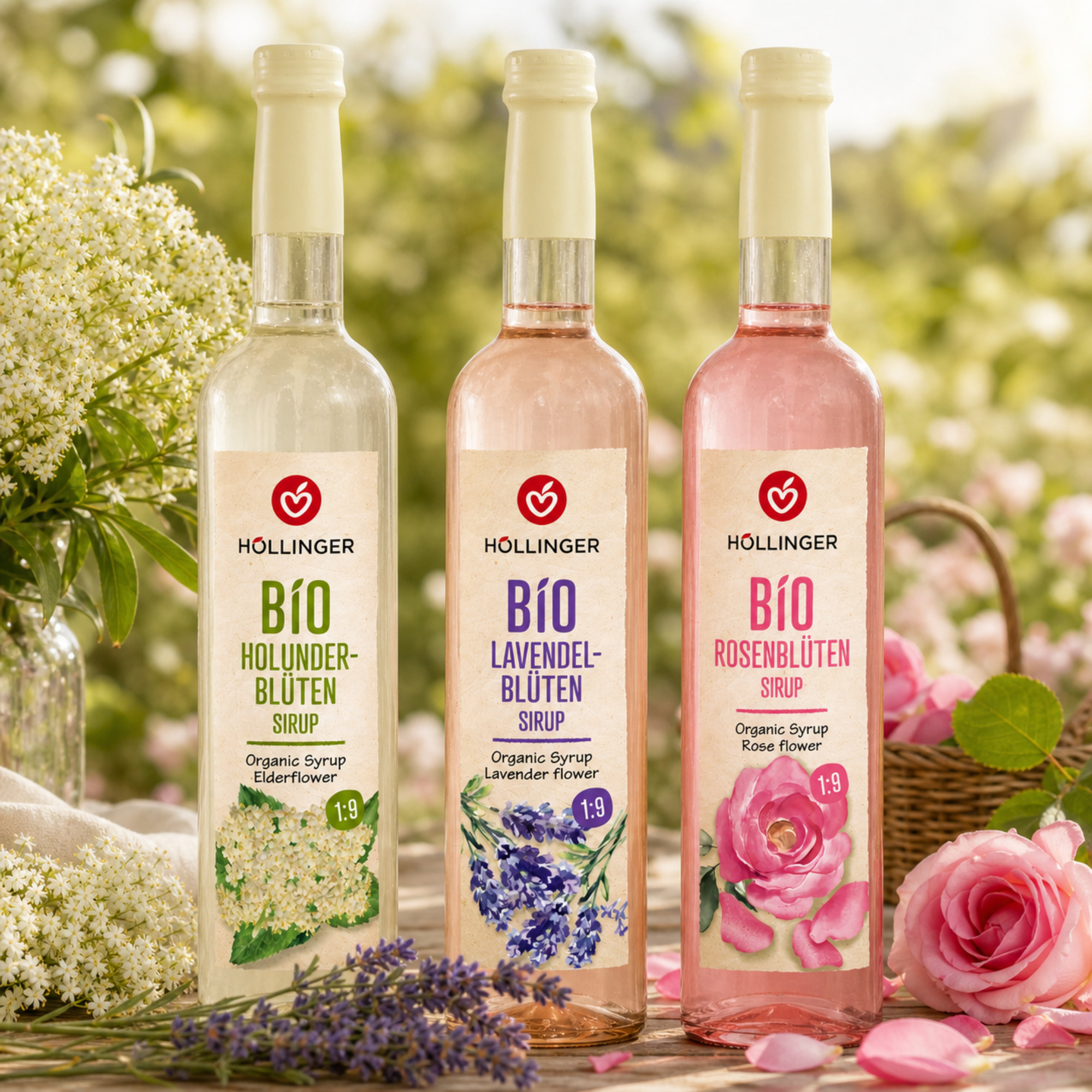 Image of Höllinger Bio Flower Syrup Set, Vegan & Alcohol-free – Elderflower, Rose, Lavender, 3 × 500 Ml