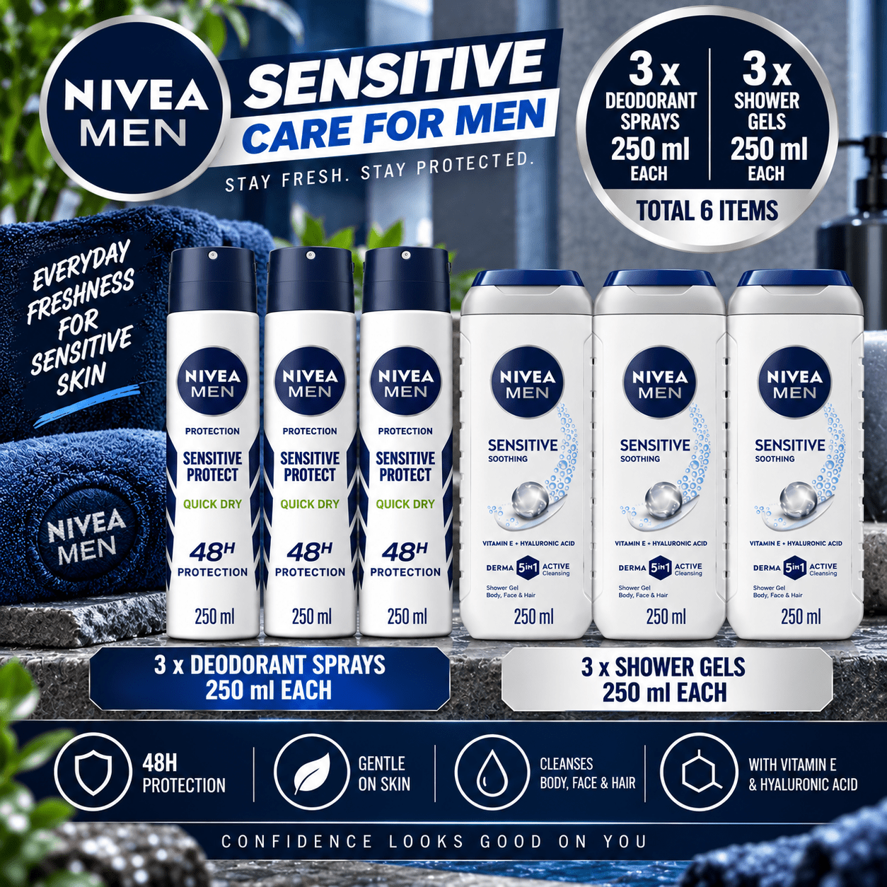 TEMU 6 Pack Nivea Men Sensitive Bundle – 3 X 250ml Deodorant Sprays + 3 X 250ml Shower Gels