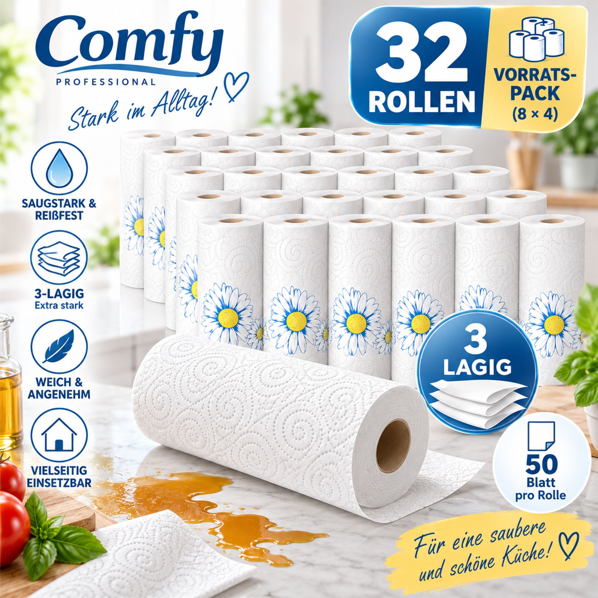 TEMU Comfy Professional 3-ply Kitchen Rolls – 32 Rolls (8 × 4) – 50 Sheets Per Roll – Absorbent & Tear-resistant – Kitchen Paper For Home & Kitchen