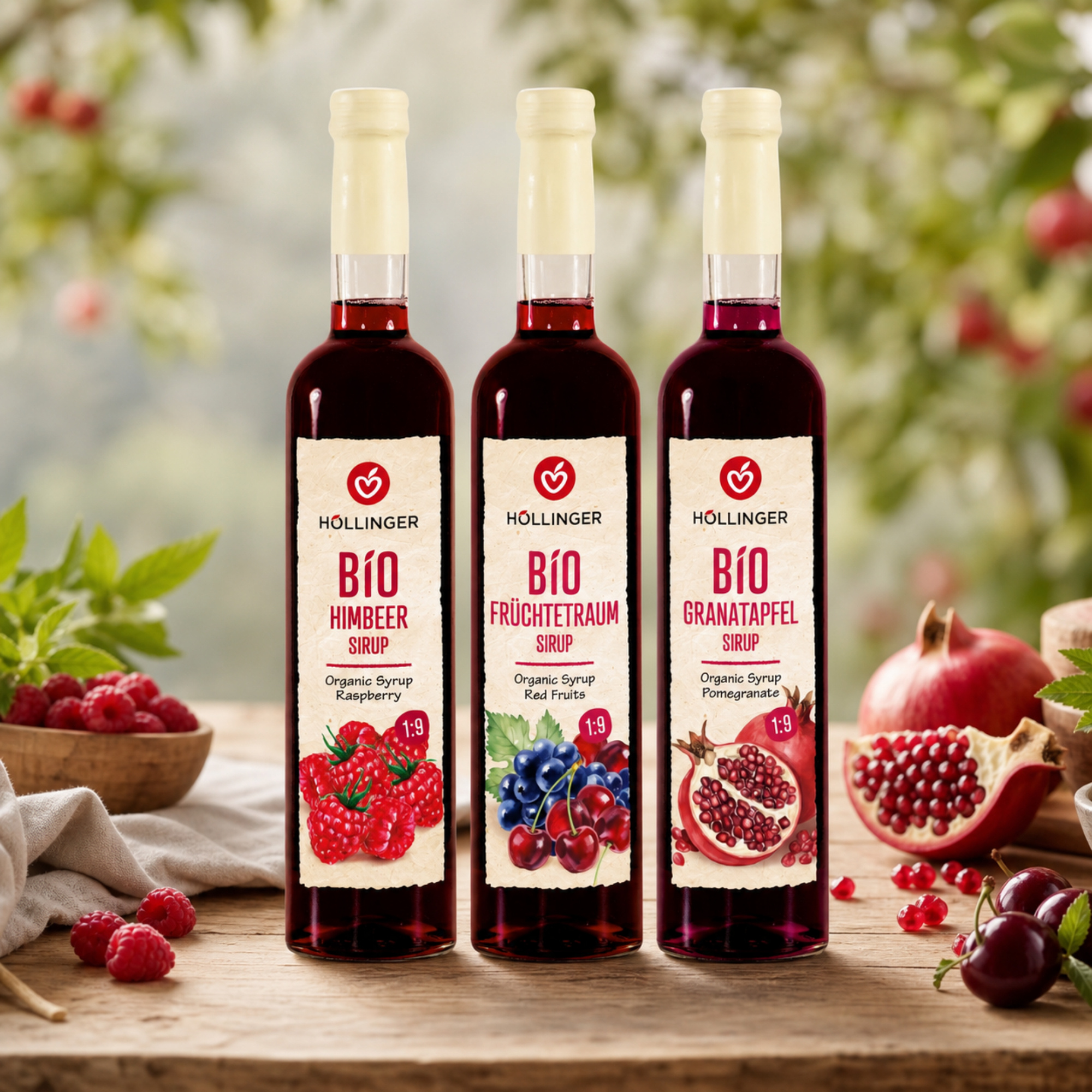 Image of Höllinger Syrup Set: Raspberry, Fruit Dream & Pomegranate – 3 × 500 Ml Beverage Syrup
