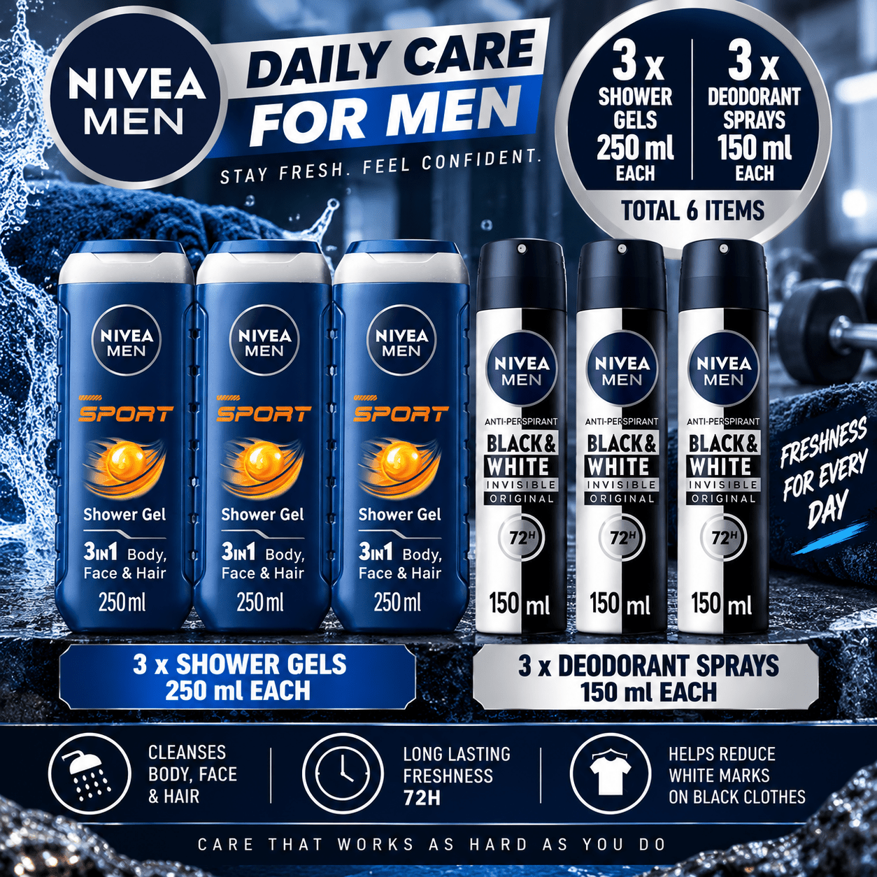 TEMU 6 Pack Nivea Men Bundle – 3 250ml Shower Gels + 3 X Black & White 150ml Deodorant Sprays