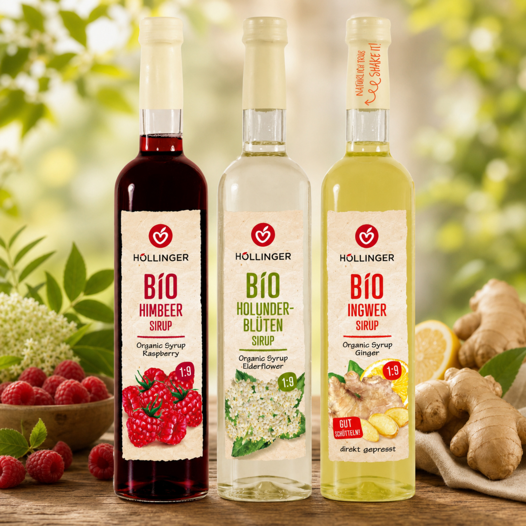 Image of Höllinger Bio Syrup Bundle Raspberry, Elderflower & Ginger, Vegan, 3 × 500 Ml
