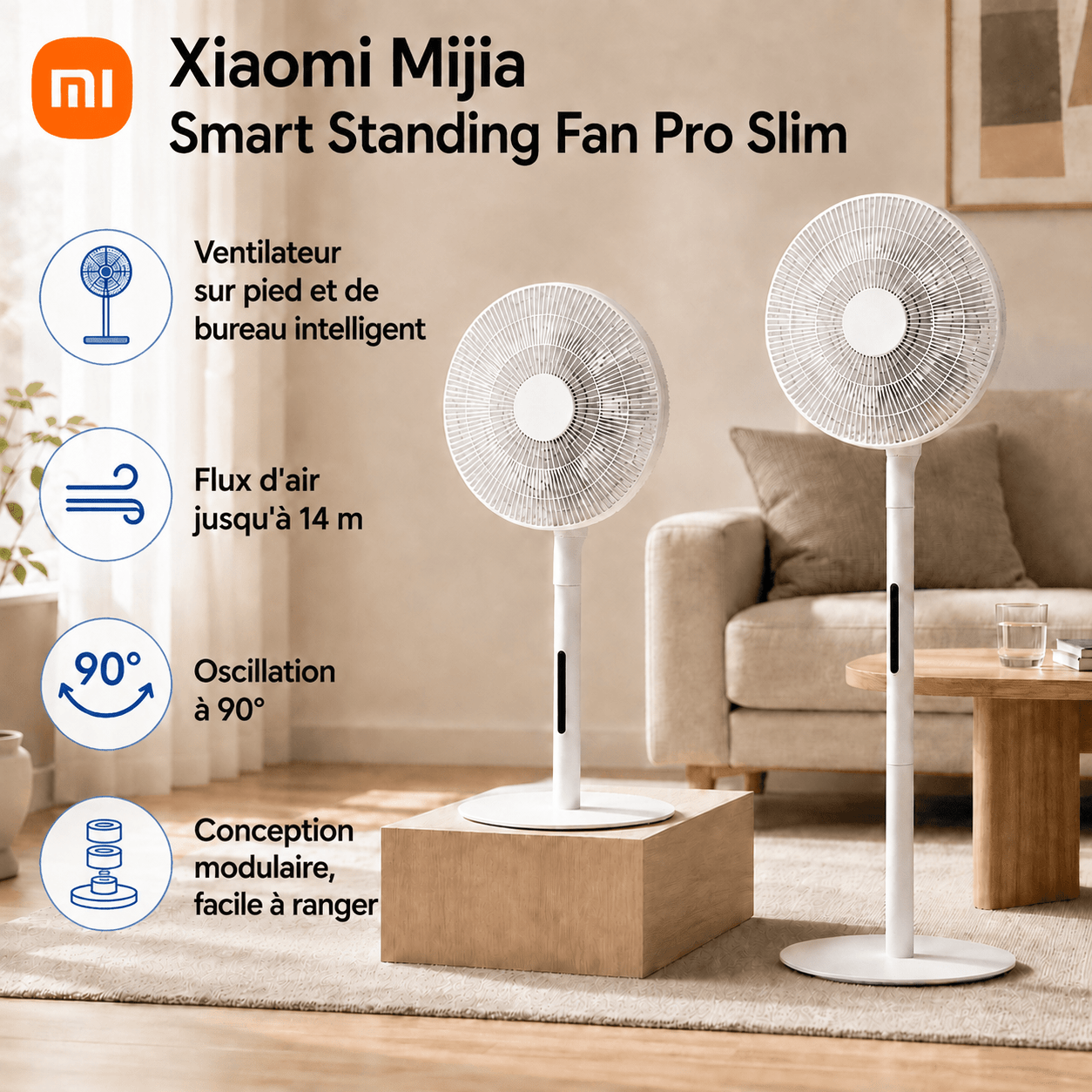 TEMU Ventilateur sur Pied Intelligent Xiaomi Mijia Pro Slim UE, Conception , facile à , Tête ultra-mince de 8,7 cm, Flux d'air jusqu'à 14 m, à 90°,
