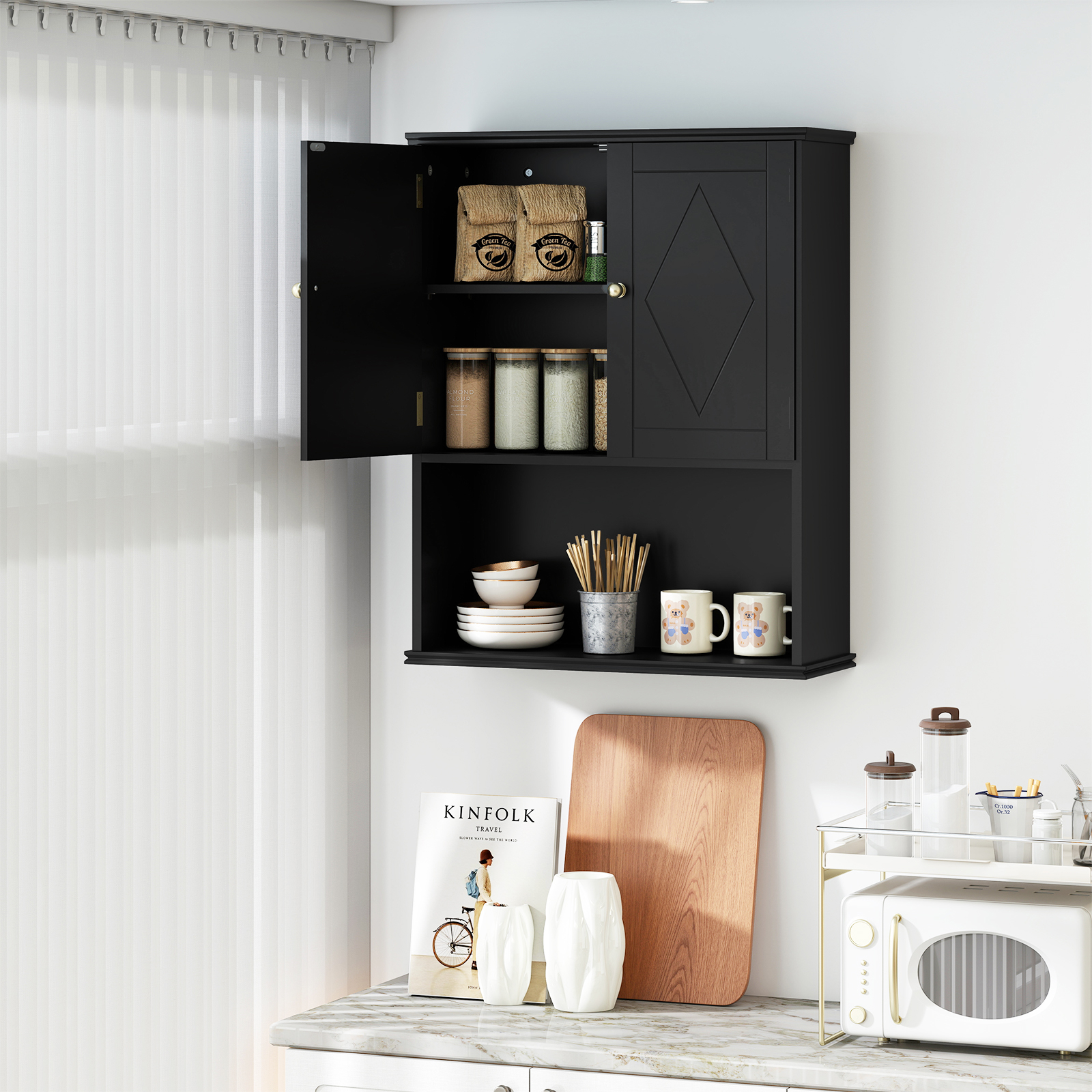 Image of Bathroom Wall Cabinet, 2-door Wall Mounted Medicine Cabinet W/open Shelf & Adjustable Shelf, Space-saving Over The Toilet Storage Organizer For Laundry, Kitchen, /grey/green