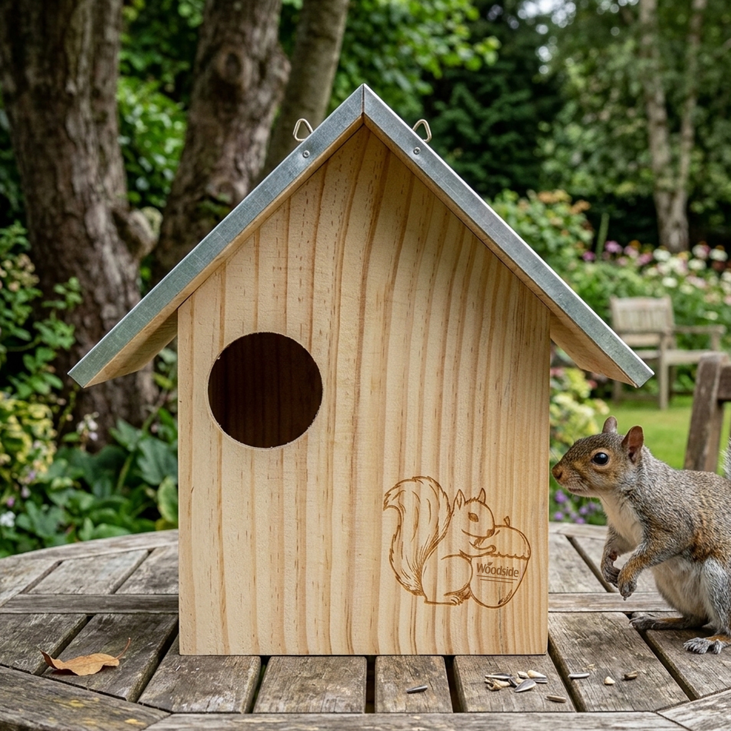 TEMU Wooden Squirrel Nest Box With Metal Roof Large Garden Wildlife Habitat With Multiple Entrance Points Durable Outdoor Squirrel Shelter