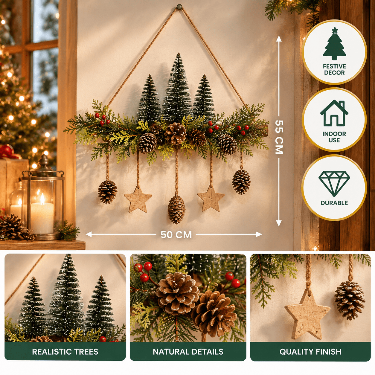 Image of Christmas Wall Decoration Hanging With Firs, Green Branches, Pine Cones And Stars – 50 × 7 × 55 Cm