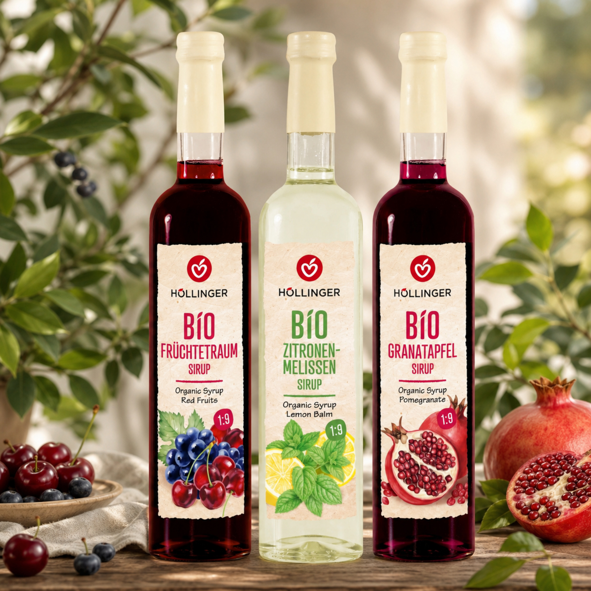 Image of Höllinger Bio Syrup Bundle Pomegranate, Lemon Balm & Fruit Dream, 3 × 500 Ml Beverage Syrup