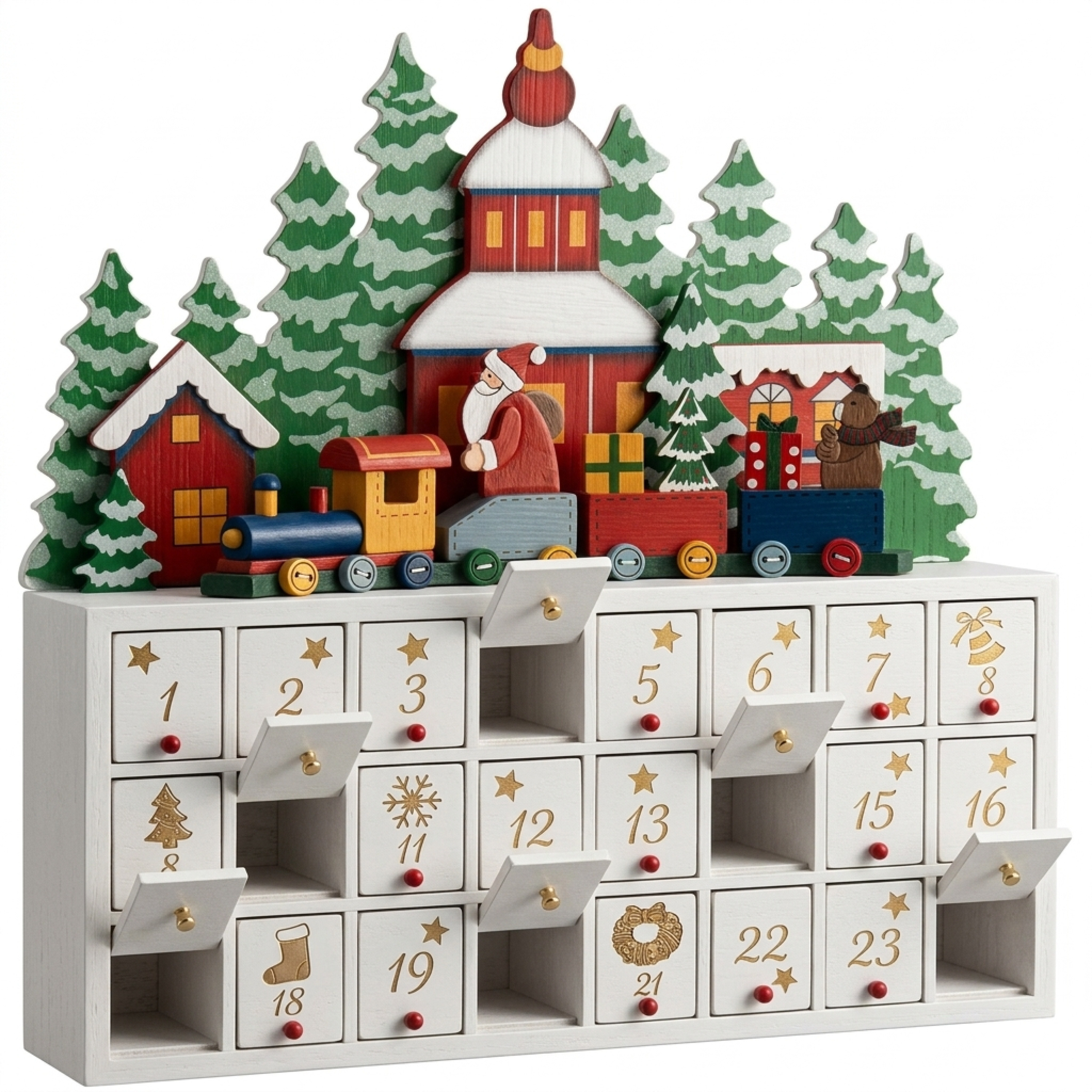 TEMU Calendrier de l'Avent Réutilisable Paysage d'Hiver à Compléter 24 Portes Peintes Colorées Noël Enfants Bricolage Décoration de Noël en Bois