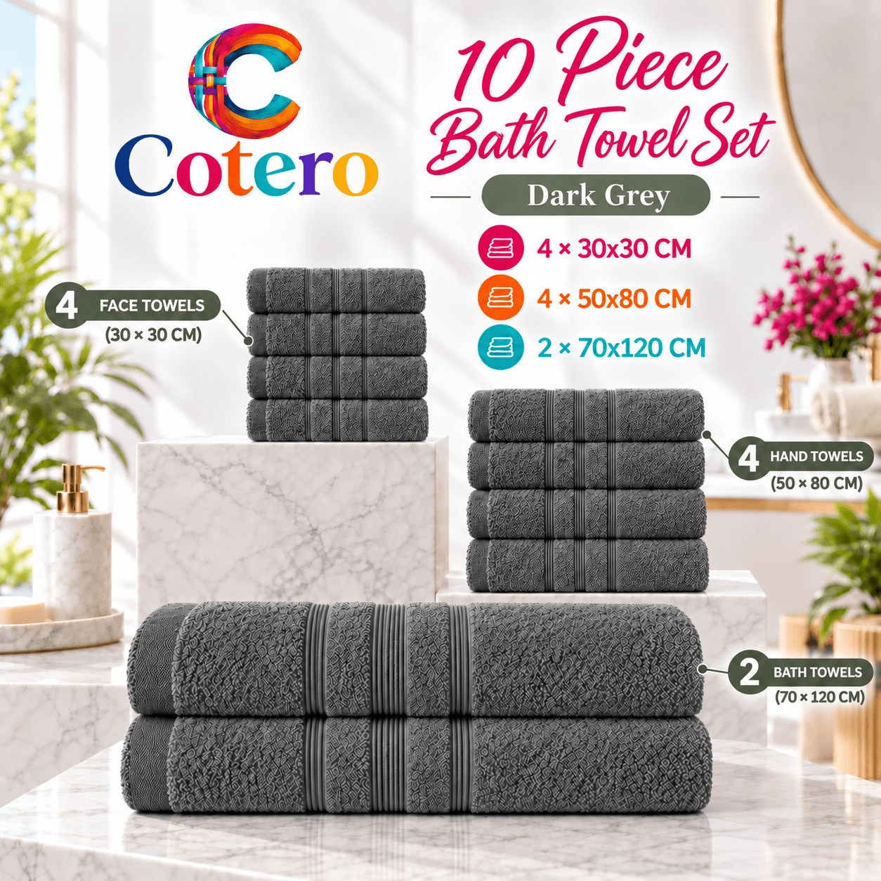 TEMU - Bath Towel Set – 4 Face Towels, 4 Hand Towels & 2 Large Bath Towels – 5 Colours