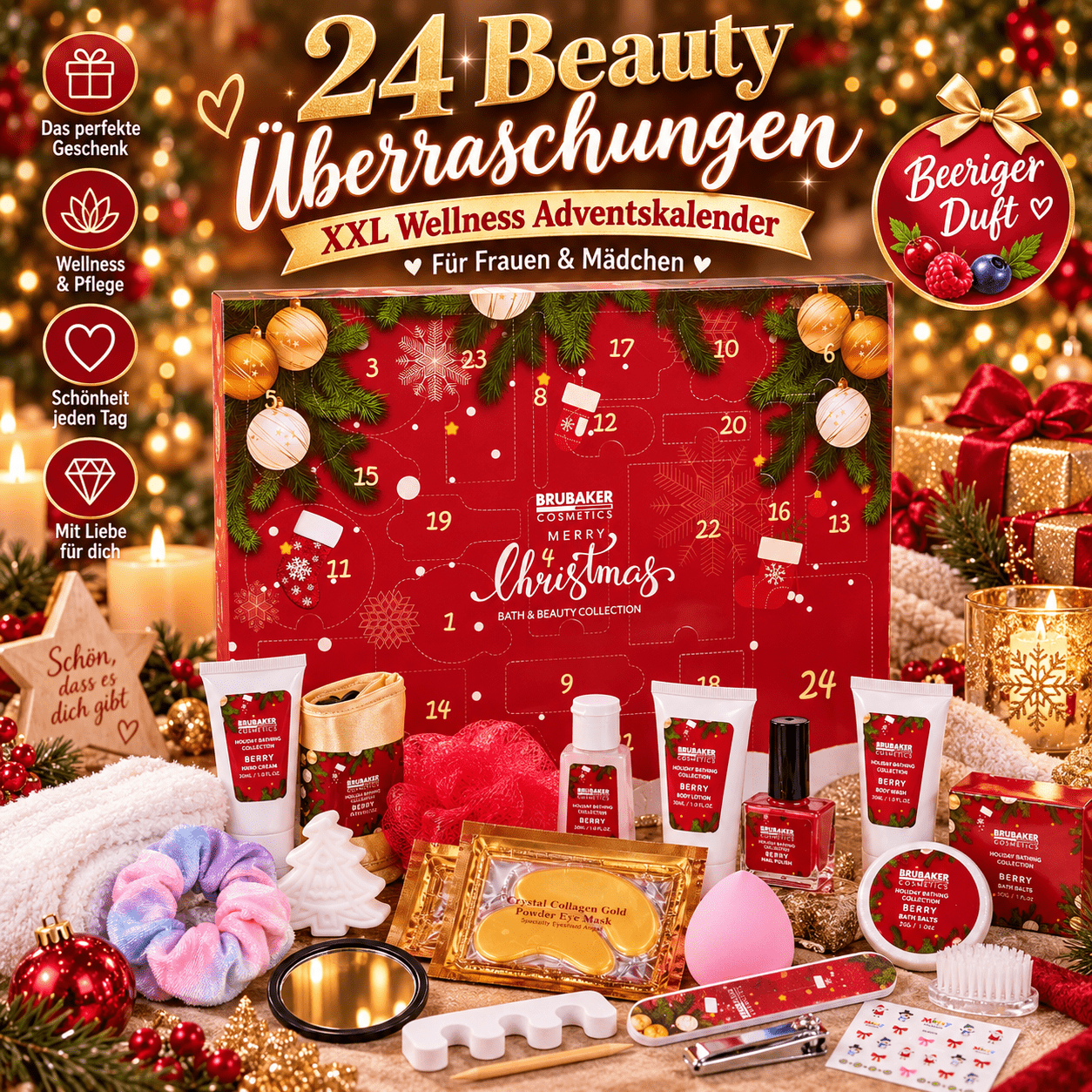 Image of Brubaker Cosmetics Beauty Advent Calendar 2026 - Xxl Wellness Christmas Calendar For Women And Girls - 24 X Body Care Products & Spa Accessories - Red